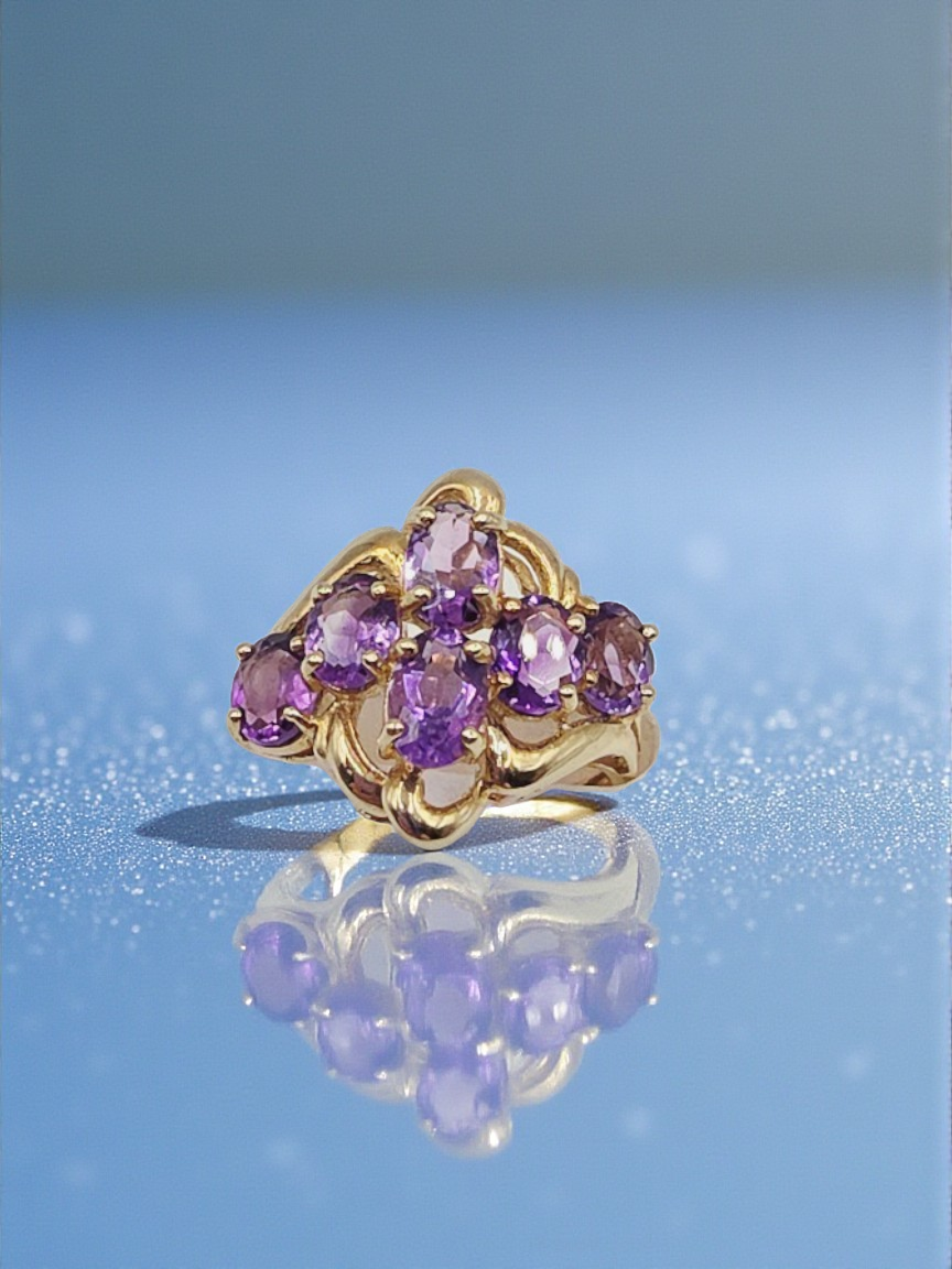 Solid 10K Yellow Gold Ring with Amethyst Cluster- Size 6