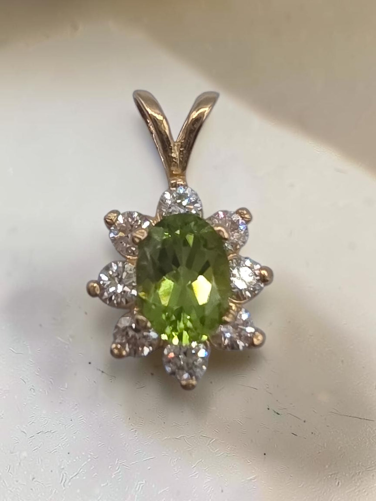Solid 14K Yellow Gold Oval Peridot Pendant with CZ Halo