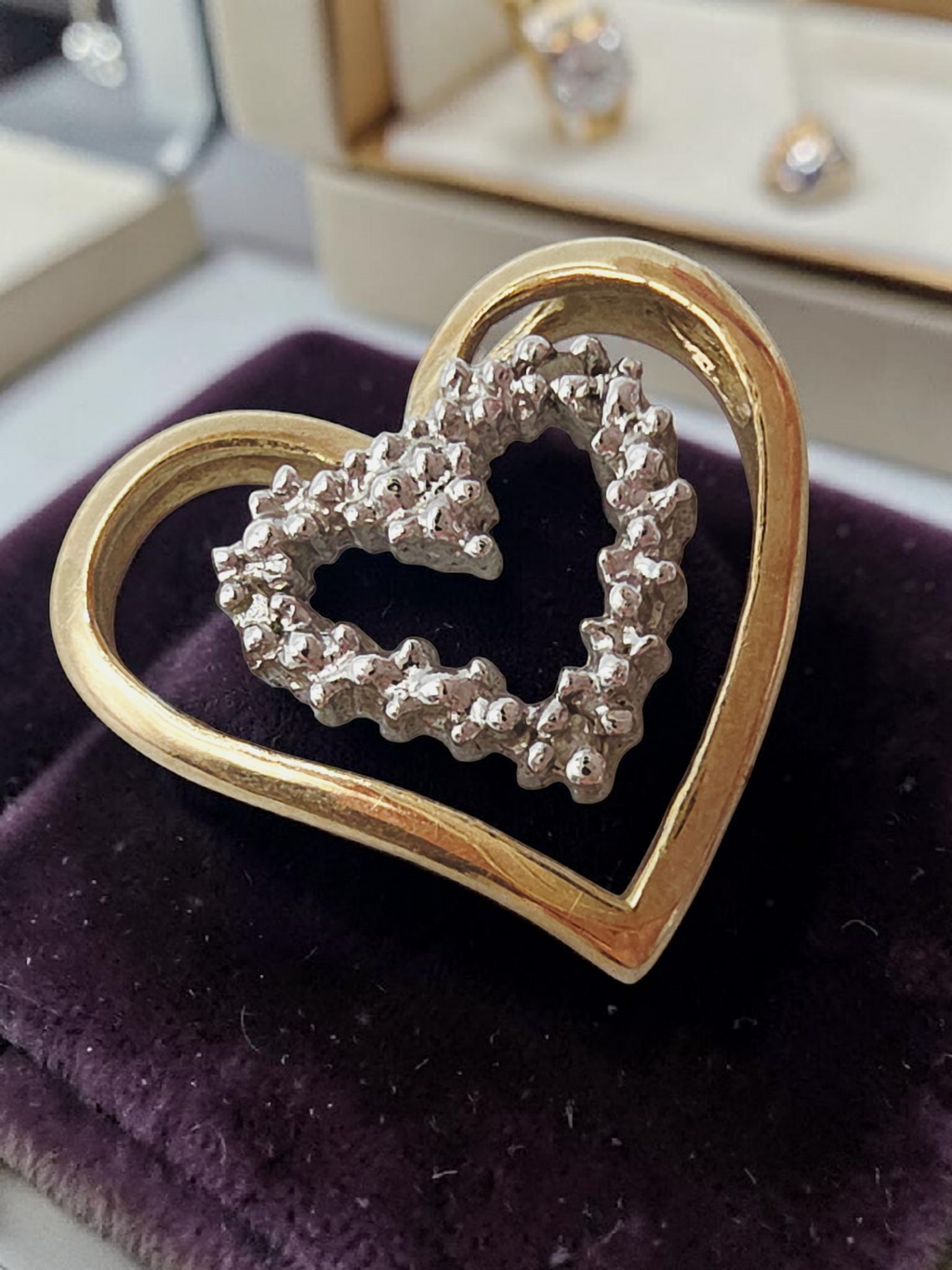 Solid 10K Two Tone Gold Double Heart Pendant 3 Diamond Accents Yellow White