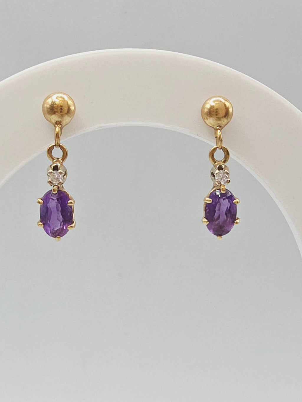 Solid 14K Yellow Gold Amethyst Dangle Drop Earrings with Diamond Accents