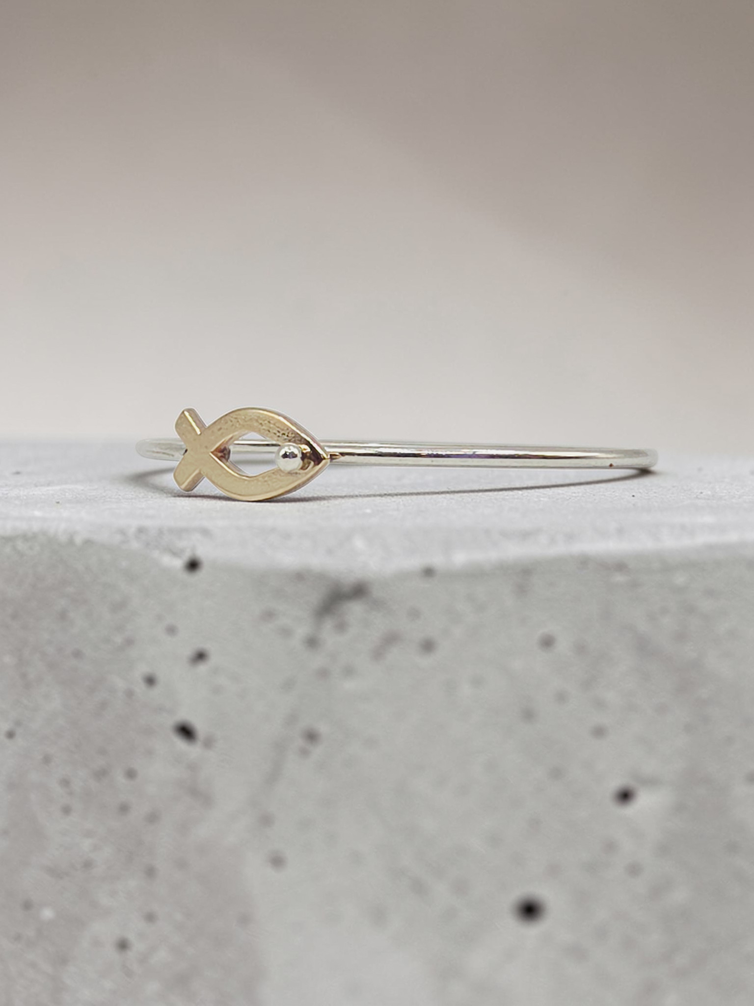 James Avery Sterling Silver Bangle Bracelet with Solid 14K Gold Ichthus - 7 Inch