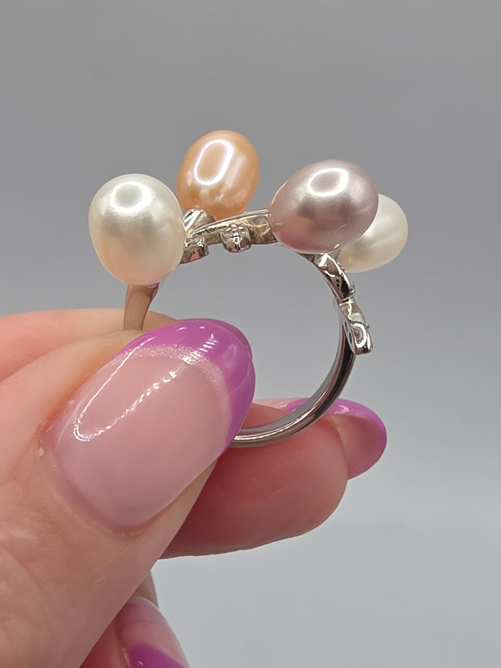 925 Sterling Silver Multi Color Pearl Floral Ring with CZ Leaf Accents - Size 6