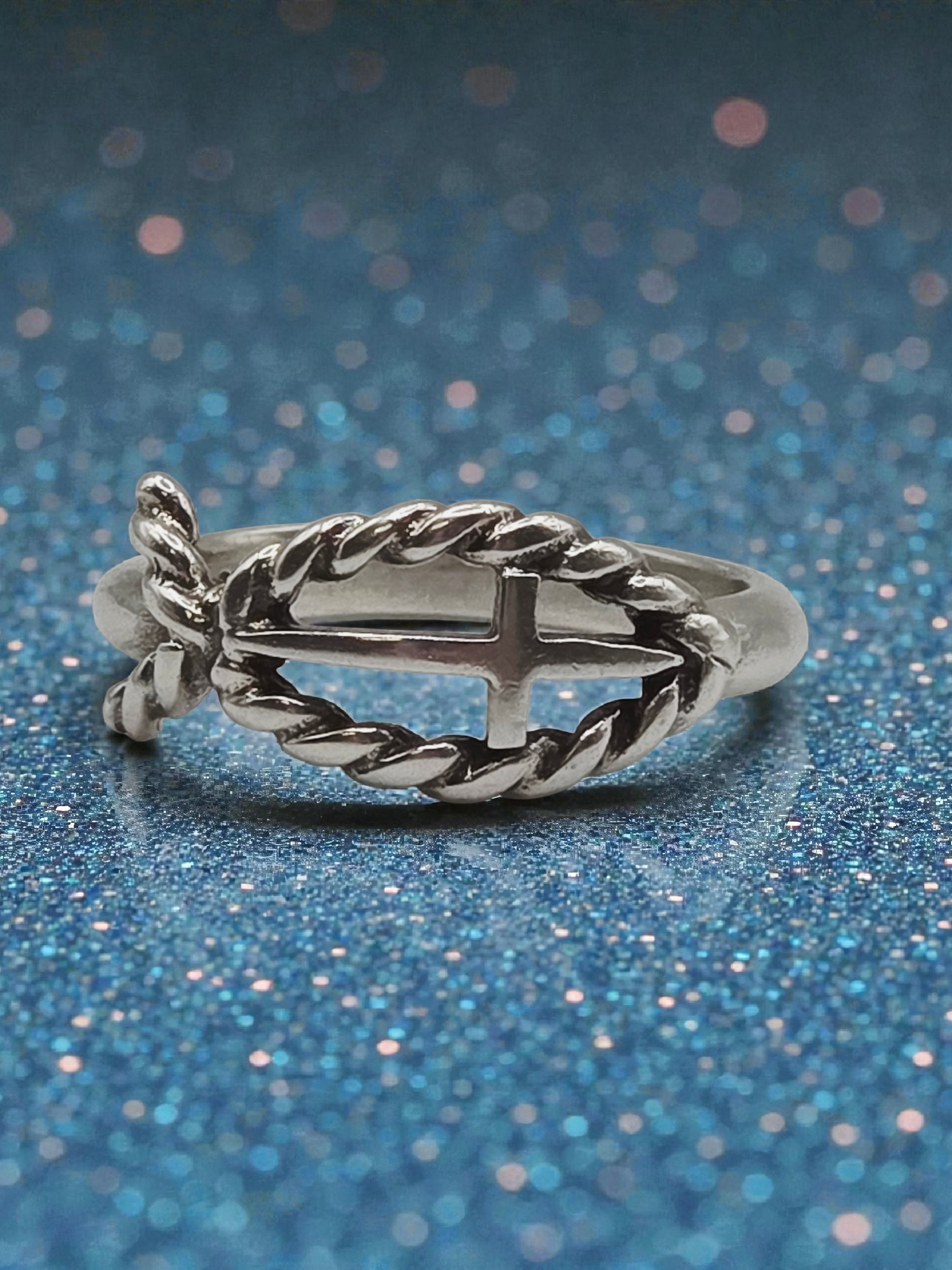 RETIRED James Avery Twisted Cable Ichthus Cross Silver Ring - Sz 5