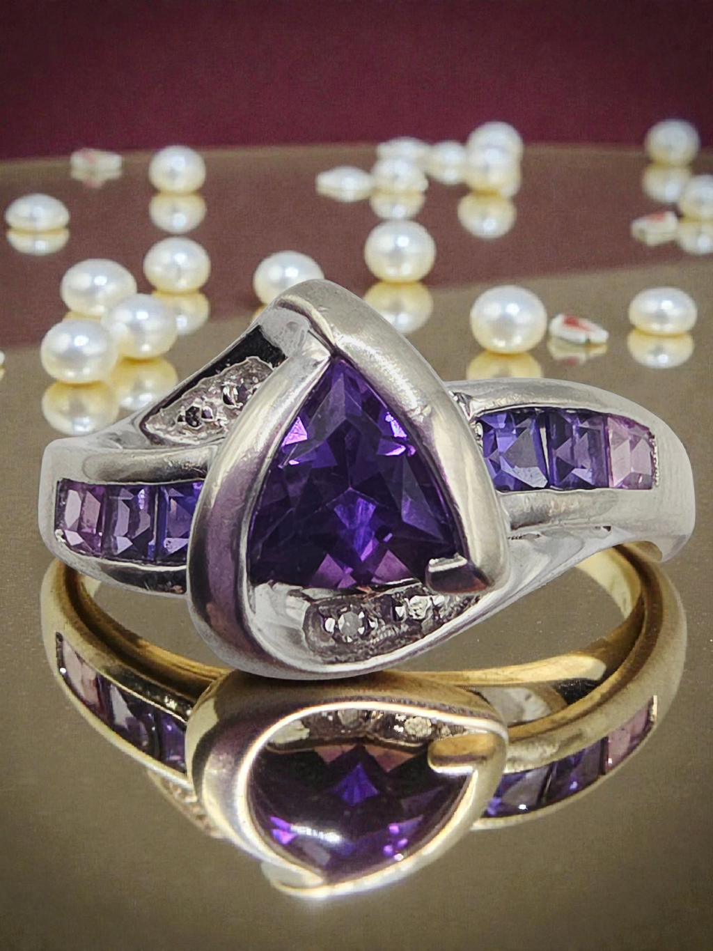 Solid 10K White Gold Ring with Purple & Pink Topaz and Diamonds – Size 6.75