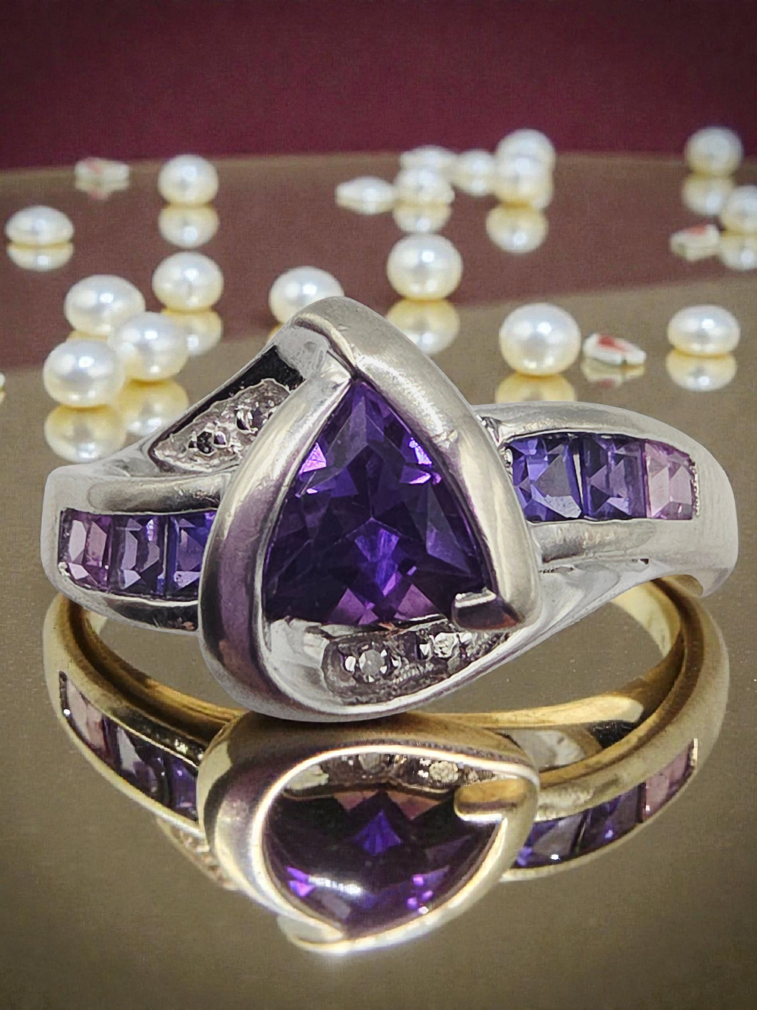 Solid 10K White Gold Ring with Purple & Pink Topaz and Diamonds – Size 6.75