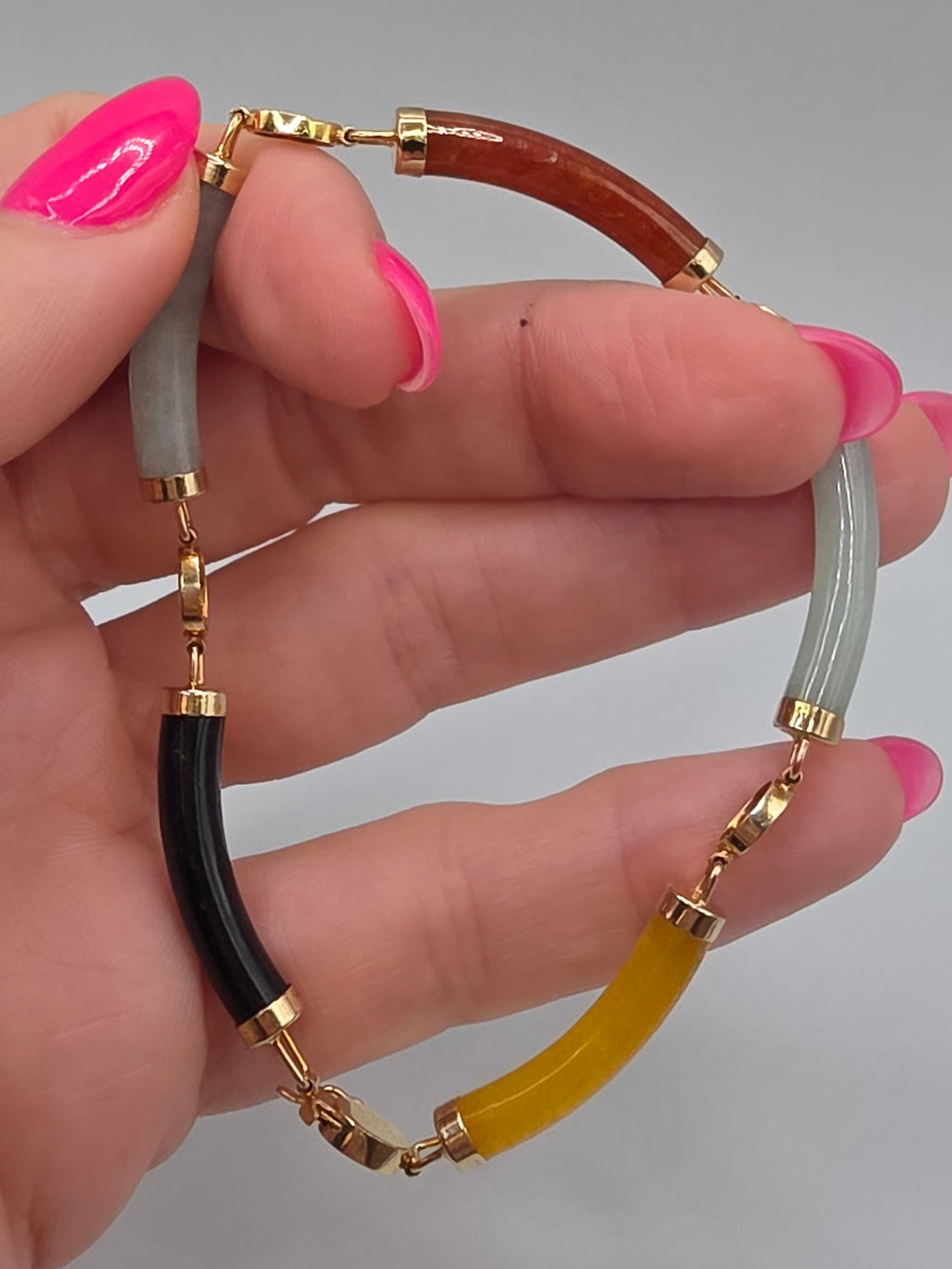 Rainbow Multi Color Jade Sterling Silver 18K Gold Vermeil Bracelet 8 Inch
