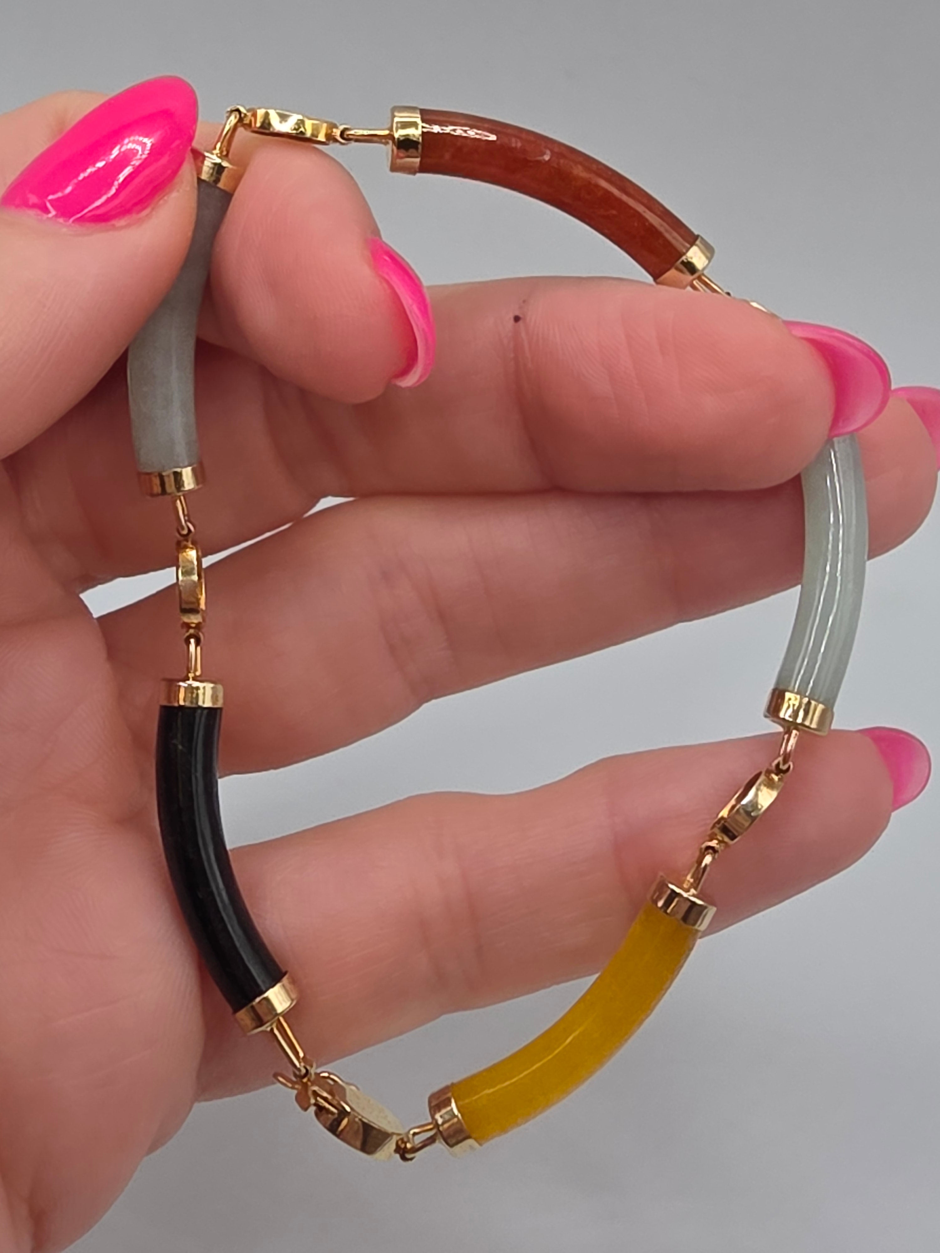 Rainbow Multi Color Jade Sterling Silver 18K Gold Vermeil Bracelet 8 Inch