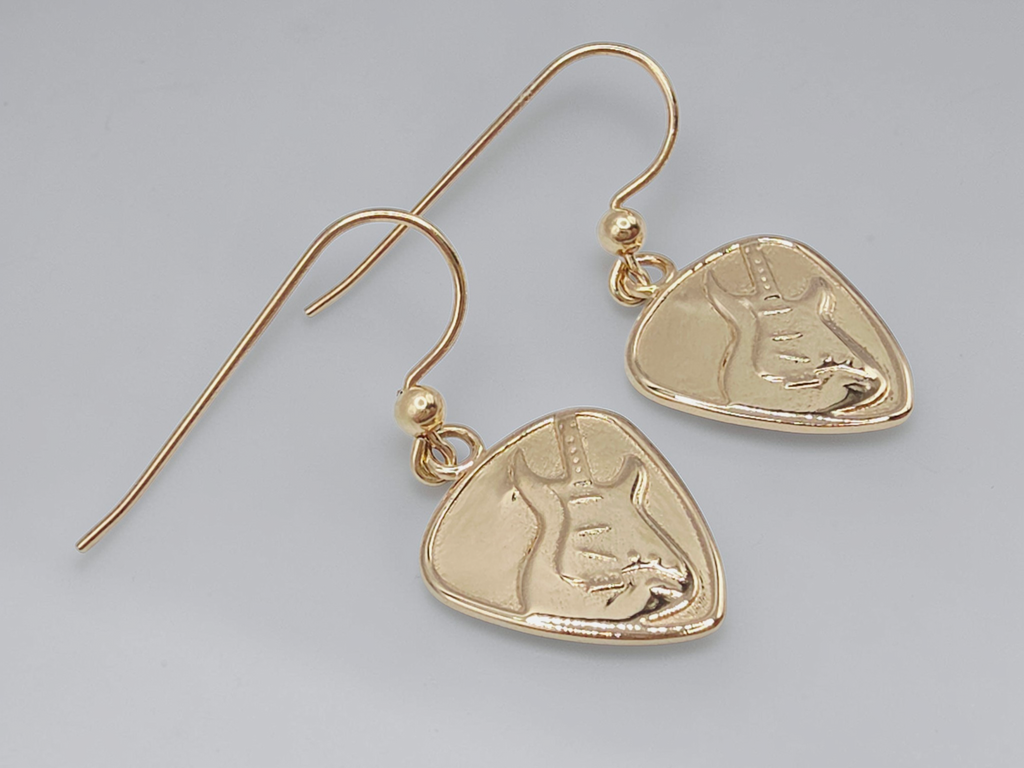 Jeffrey David Guitar Pick Solid 14K Yellow Gold Dangle Earrings Music