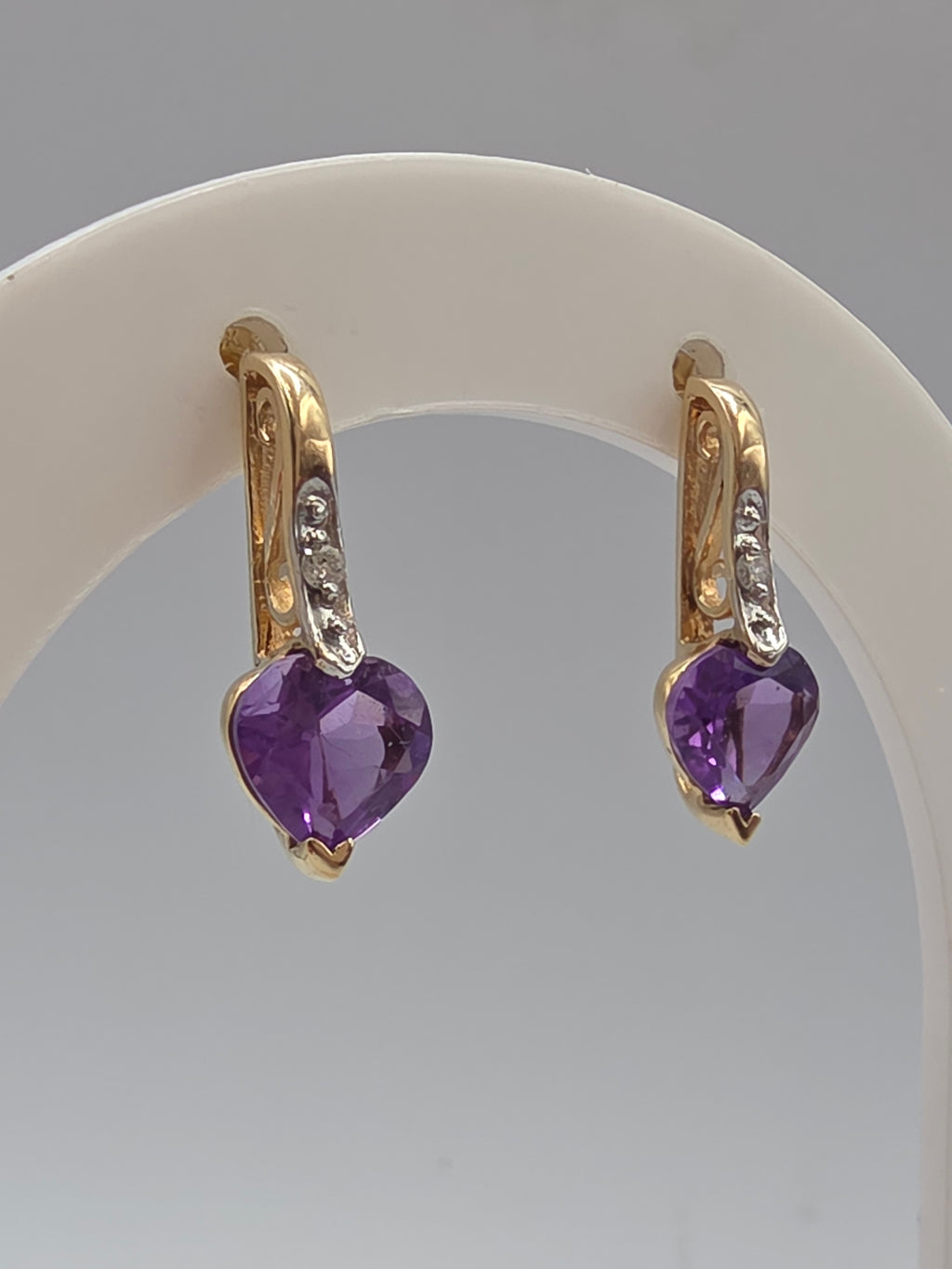 SDC Creations Solid 10K Yellow Gold Heart Cut Amethyst Diamond Drop Earrings
