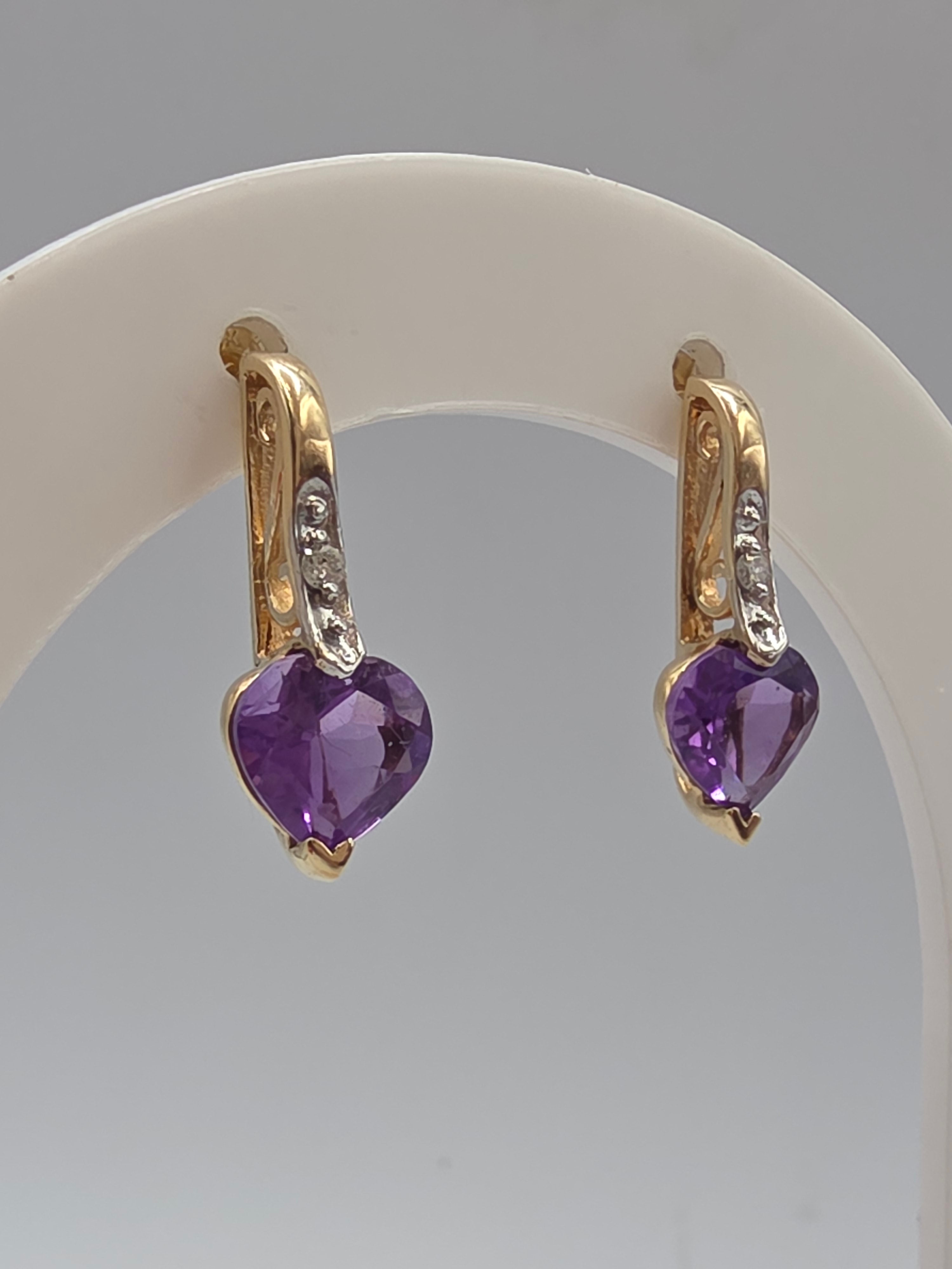 SDC Creations Solid 10K Yellow Gold Heart Cut Amethyst Diamond Drop Earrings
