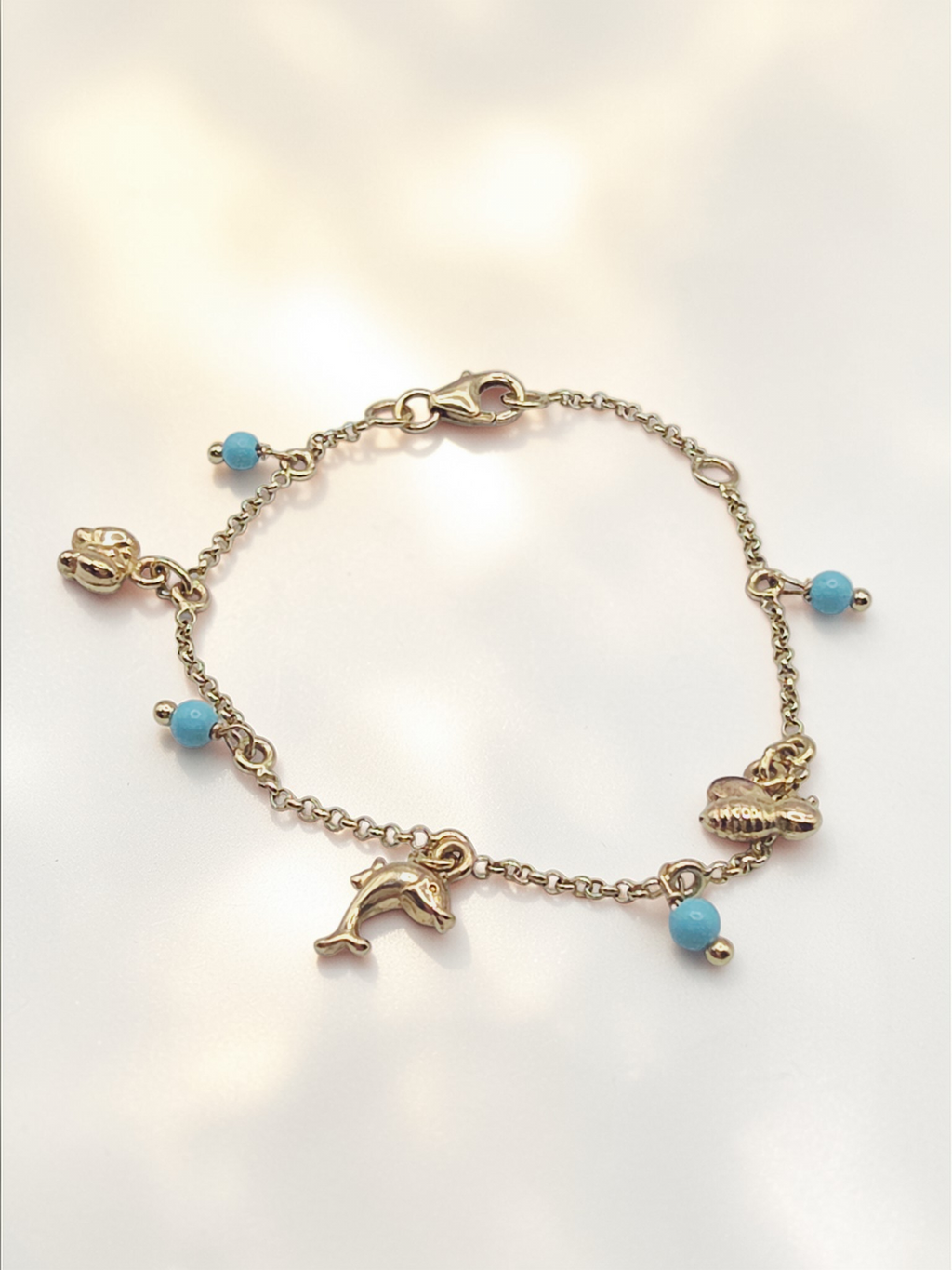 Solid 14K Yellow Gold Butterfly Bee Fish Charm Bracelet 5 to 5.75 Inch
