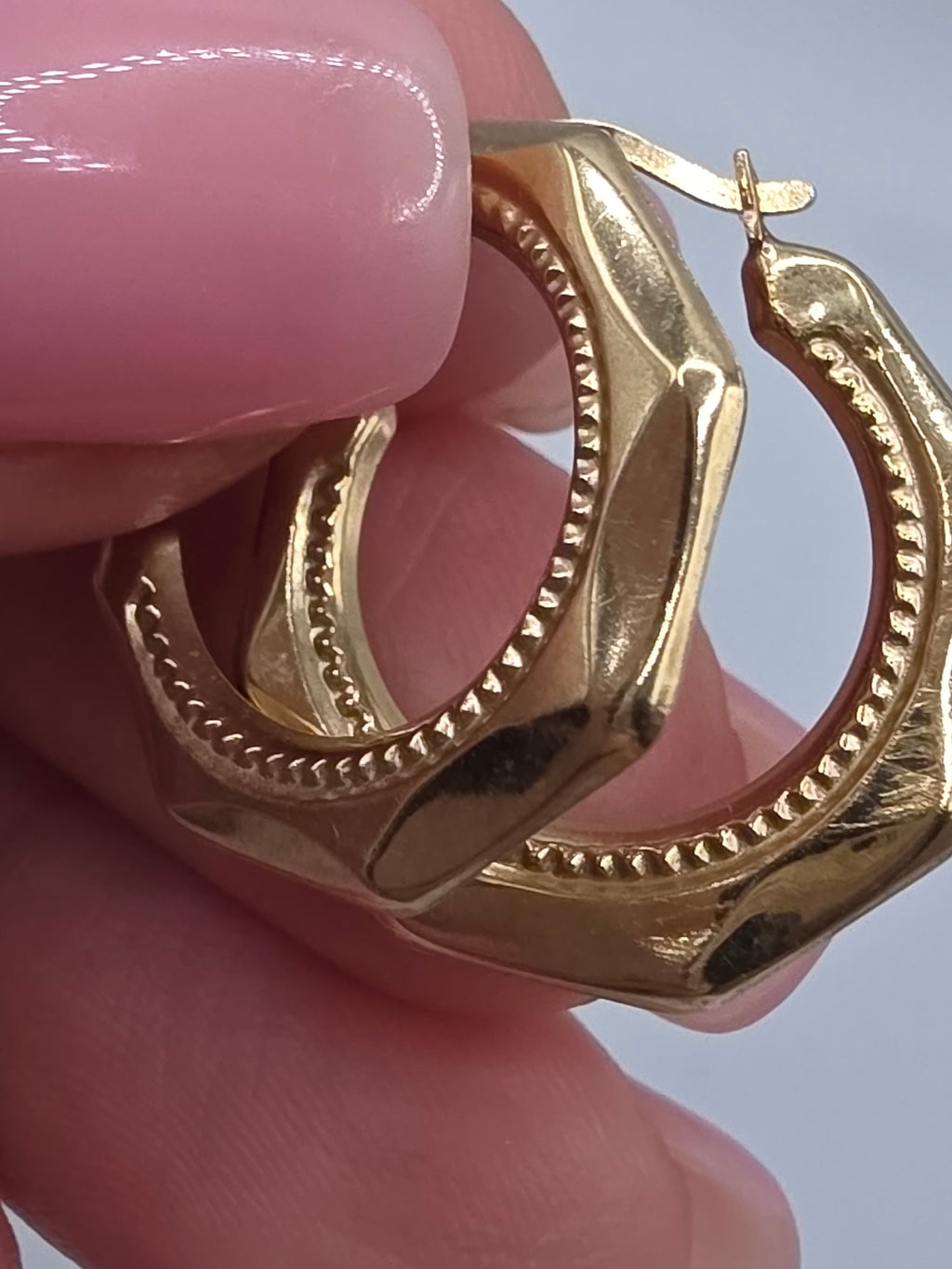 Vintage Solid 10K Yellow Gold Faceted Octagon Creole Hoop Earrings