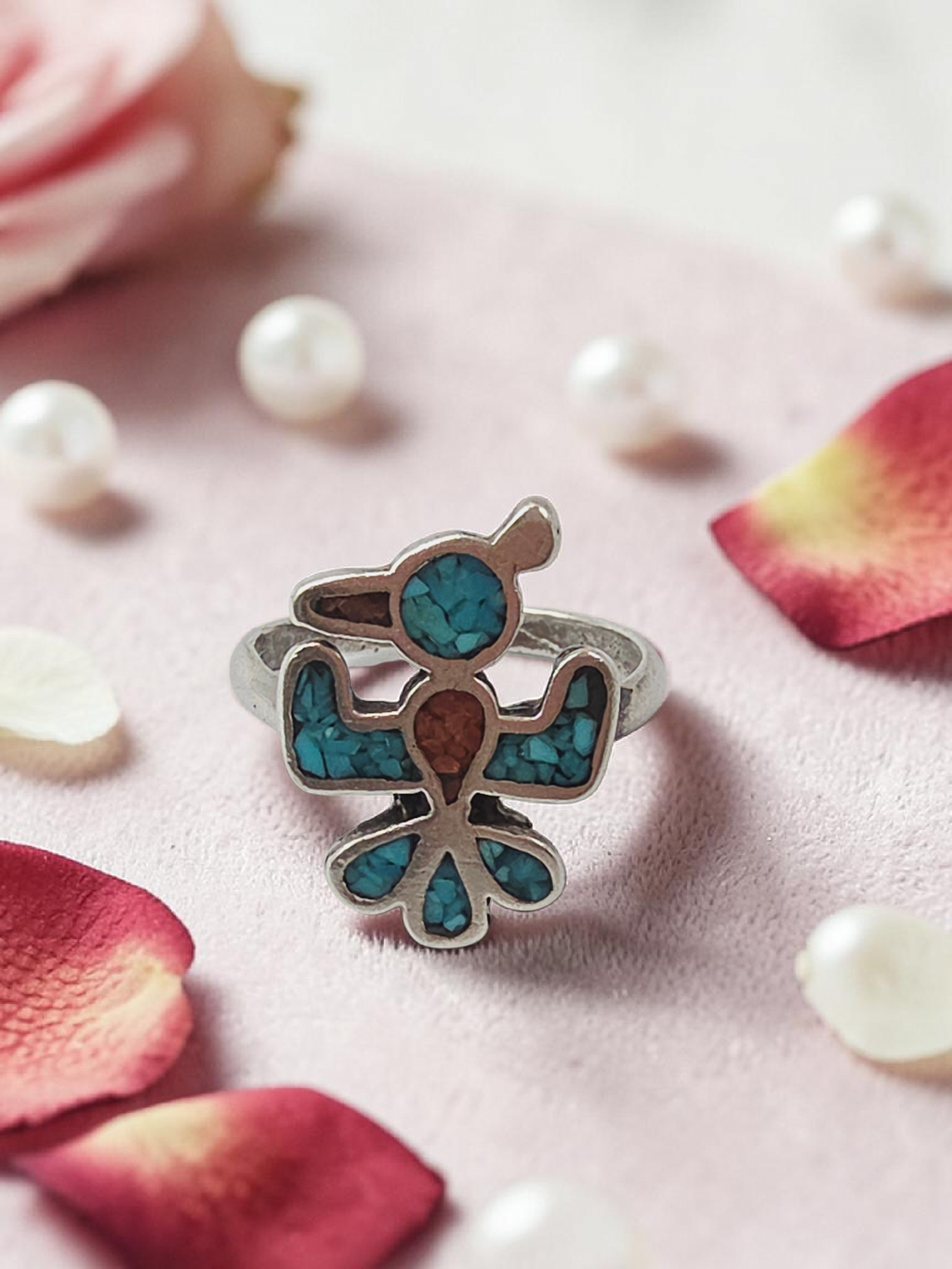 Southwestern Sterling Silver Turquoise & Coral Inlay Thunderbird Ring Size 7.75
