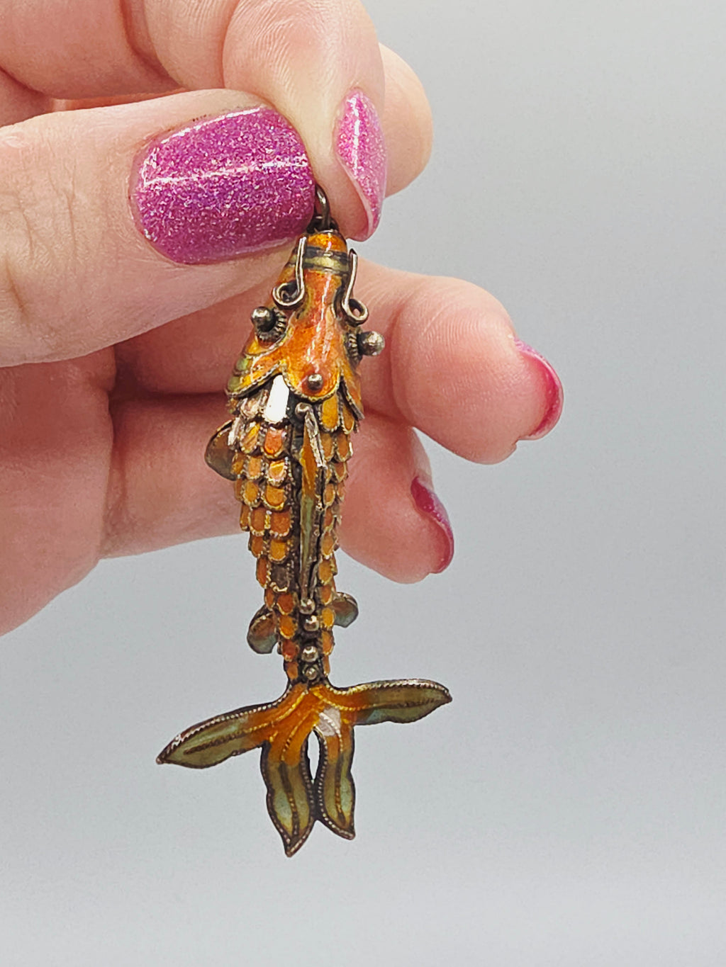 925 Sterling Silver Orange Enamel Koi Fish Articulating Necklace Pendant