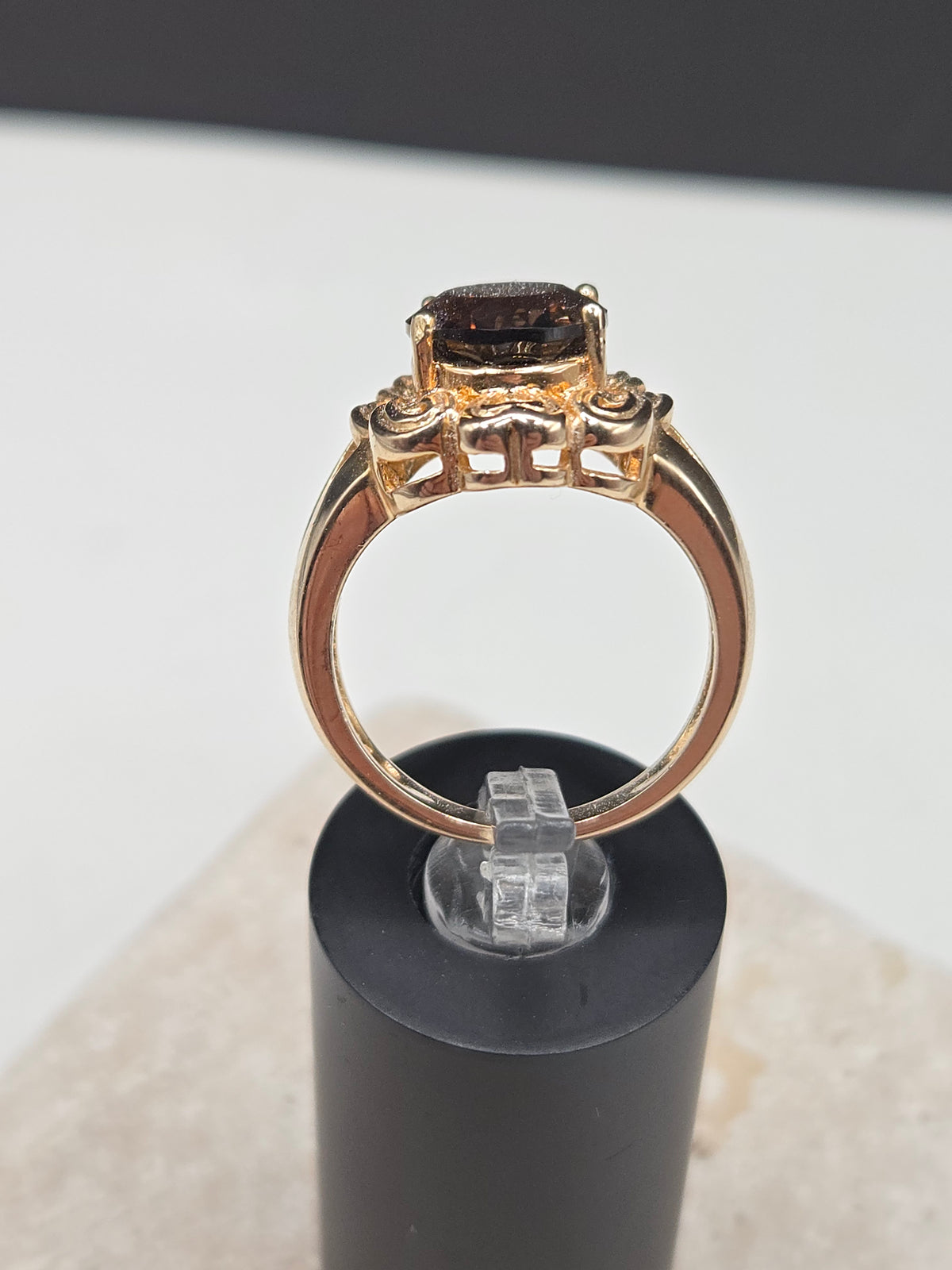 925 Sterling Silver 10K Gold Vermeil Smoky Quartz Scroll Cocktail Ring - Size 7