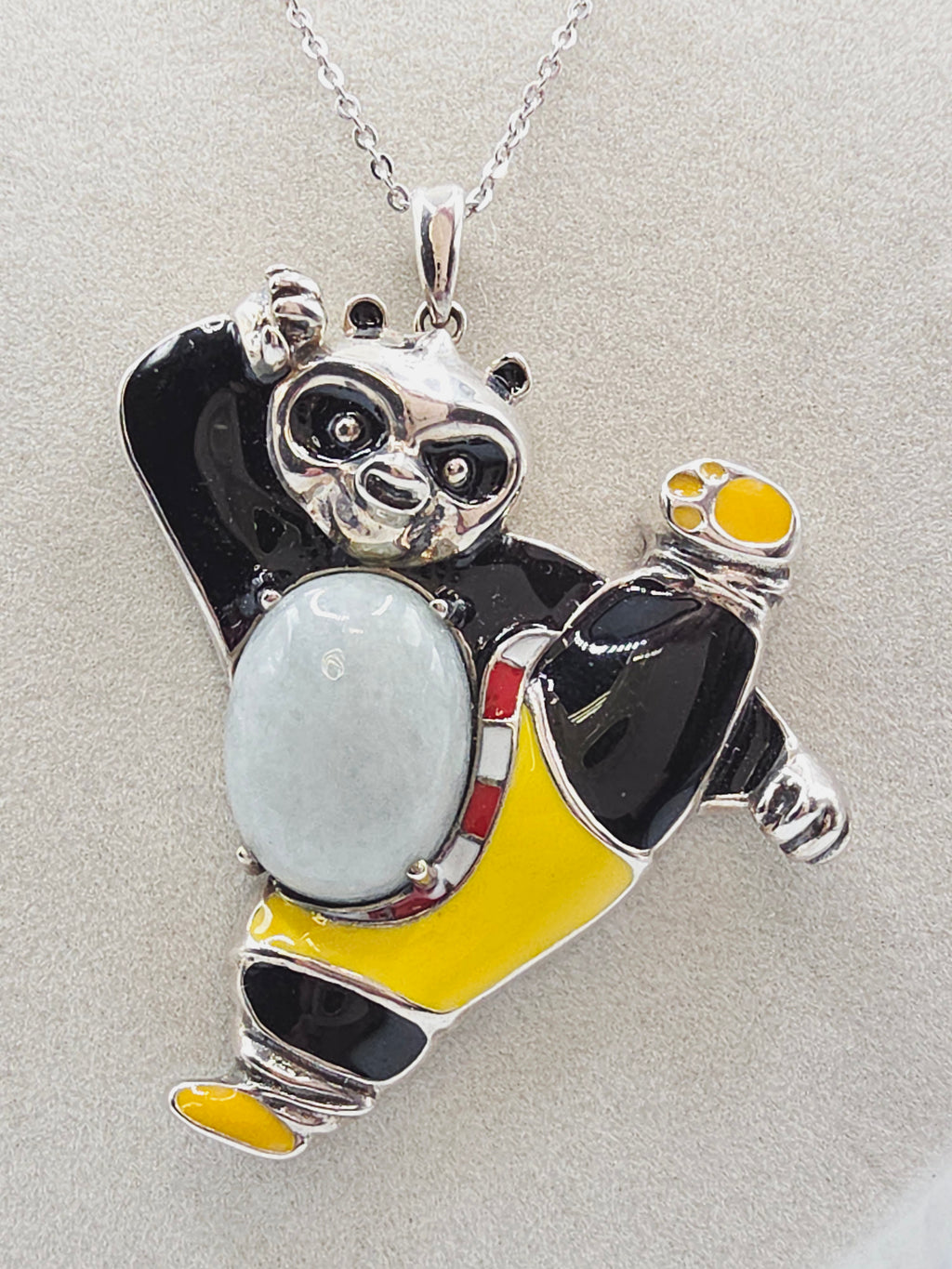 Sterling Silver Kung Fu Panda Pendant Necklace with Jade & Enamel - 18 Inch