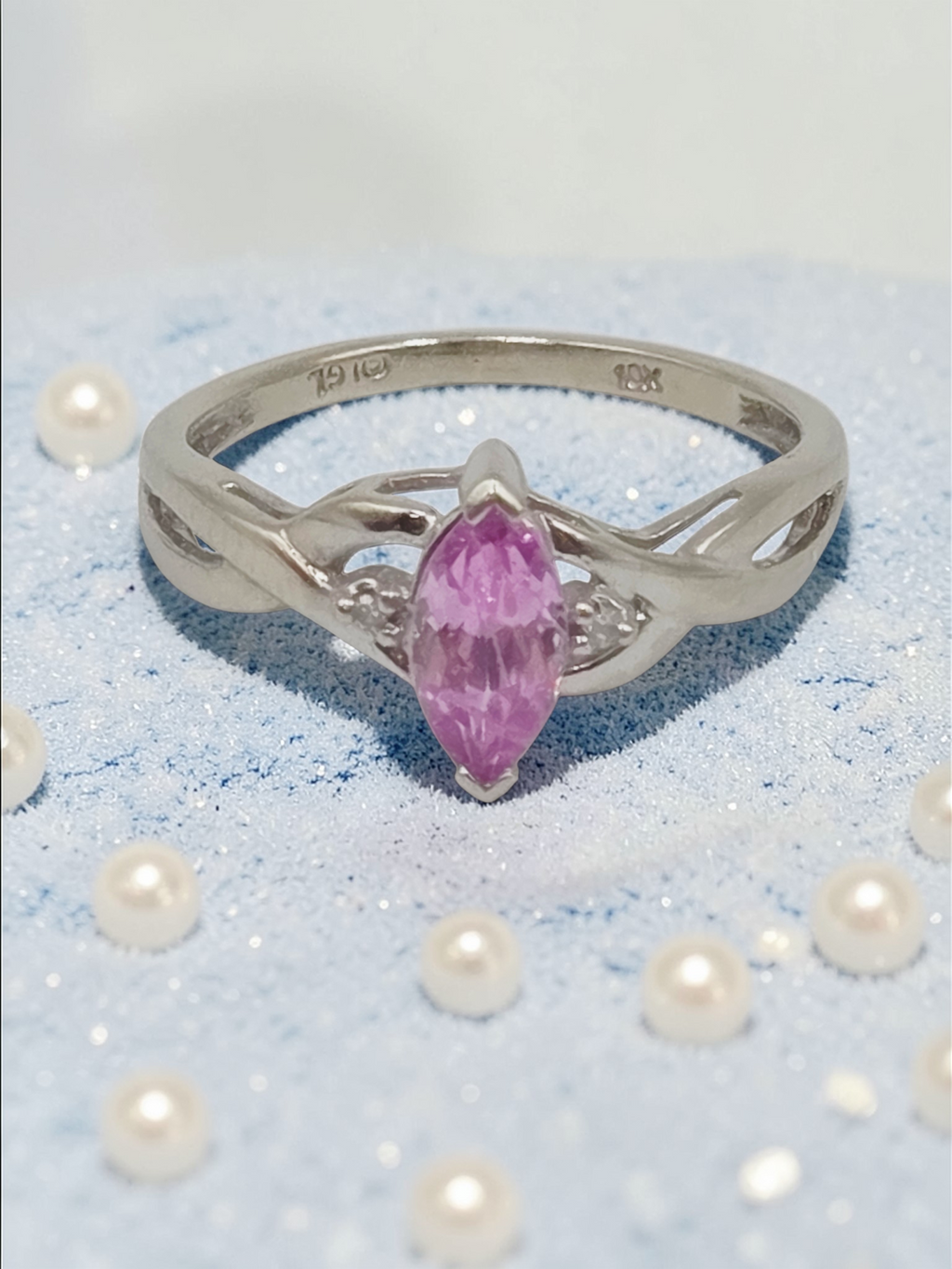 Solid 10K White Gold Ring with Marquise Cut Pink Sapphire - Size 5.75