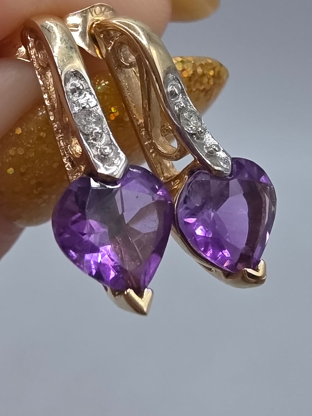 SDC Creations Solid 10K Yellow Gold Heart Cut Amethyst Diamond Drop Earrings
