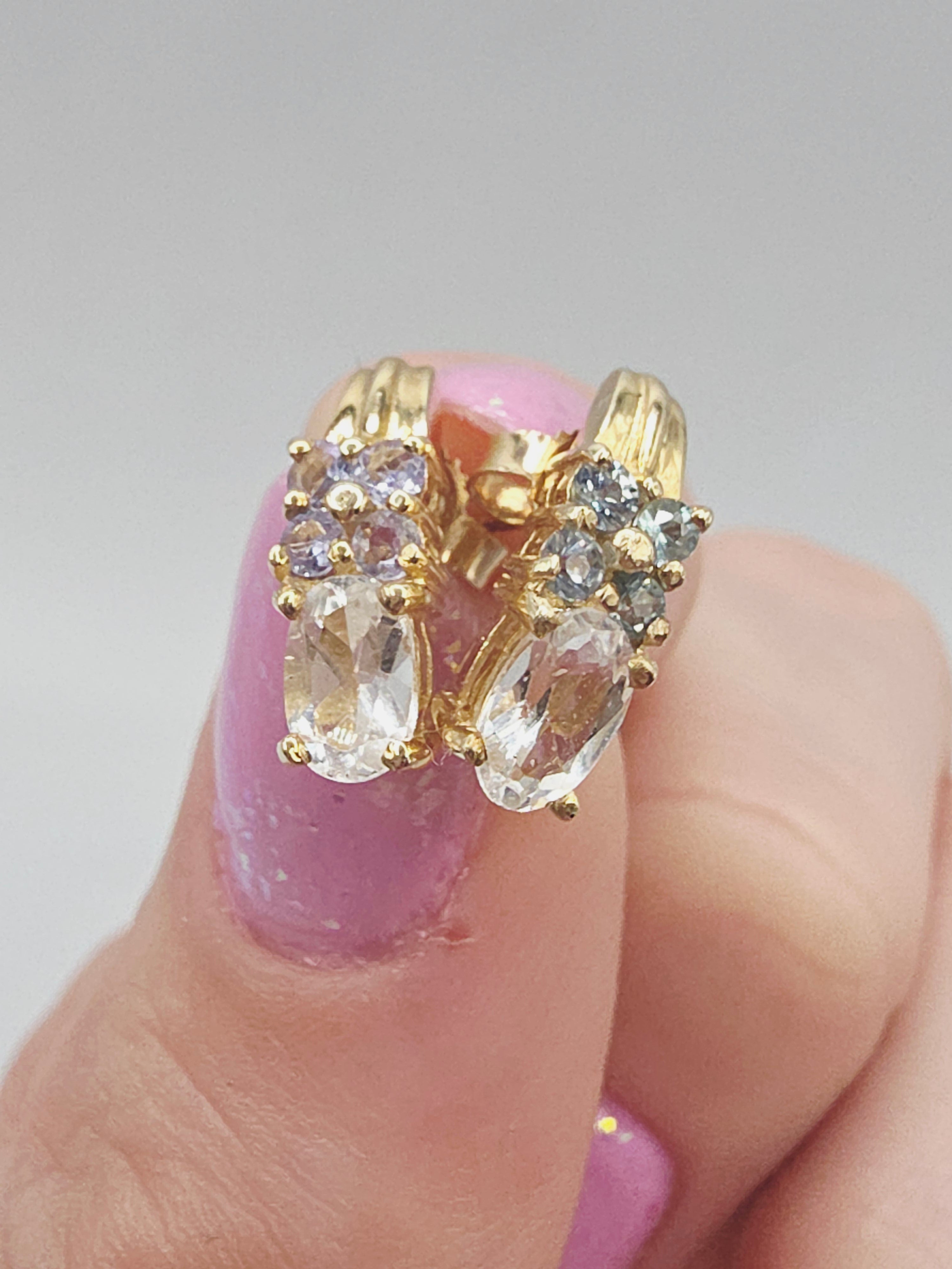 Solid 10K Yellow Gold White Topaz Stud Earrings with Blue & Purple Gemstones