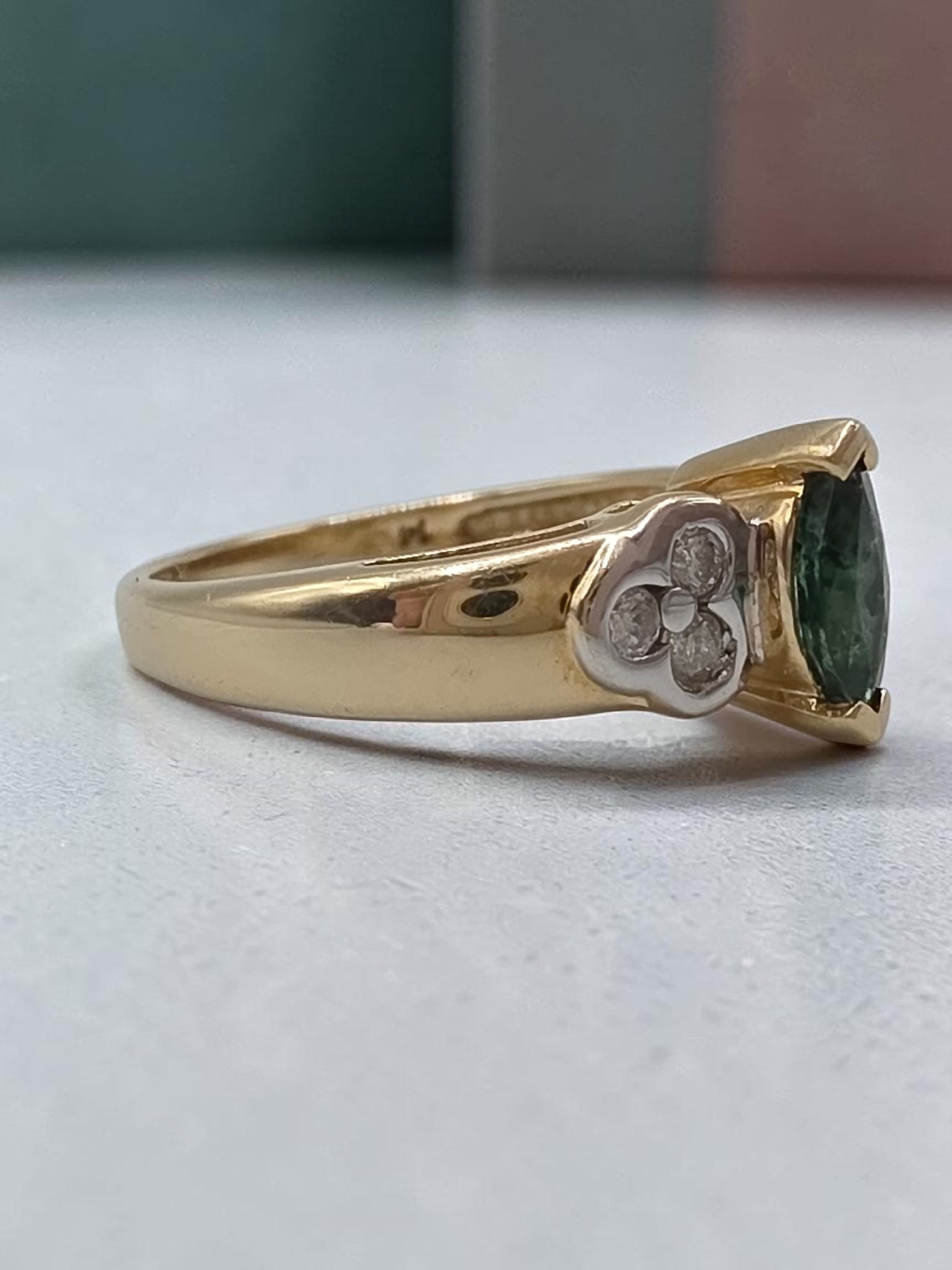 Vintage Black Hills Gold CCO Solid 14K Marquise Emerald Diamond Ring Size 6.75
