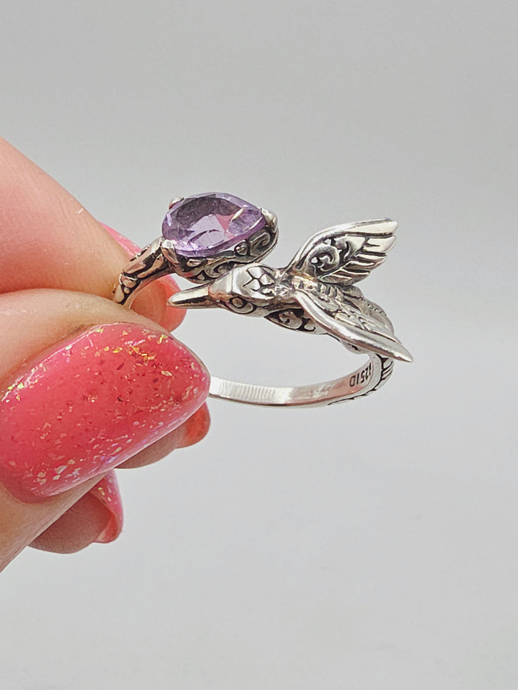 925 Sterling Silver Ring with Pear Cut Amethyst & Hummingbird - Size 8
