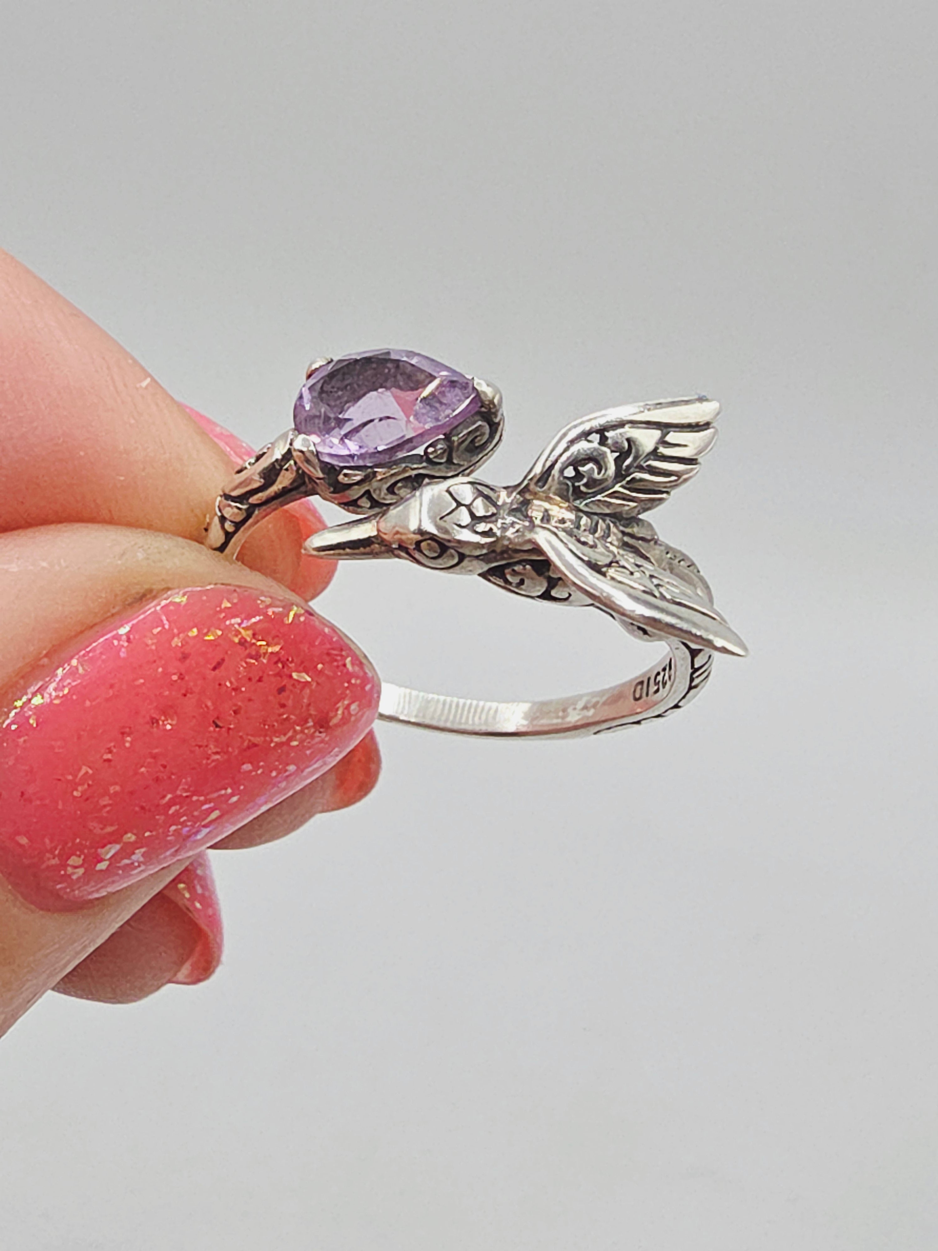 925 Sterling Silver Ring with Pear Cut Amethyst & Hummingbird - Size 8