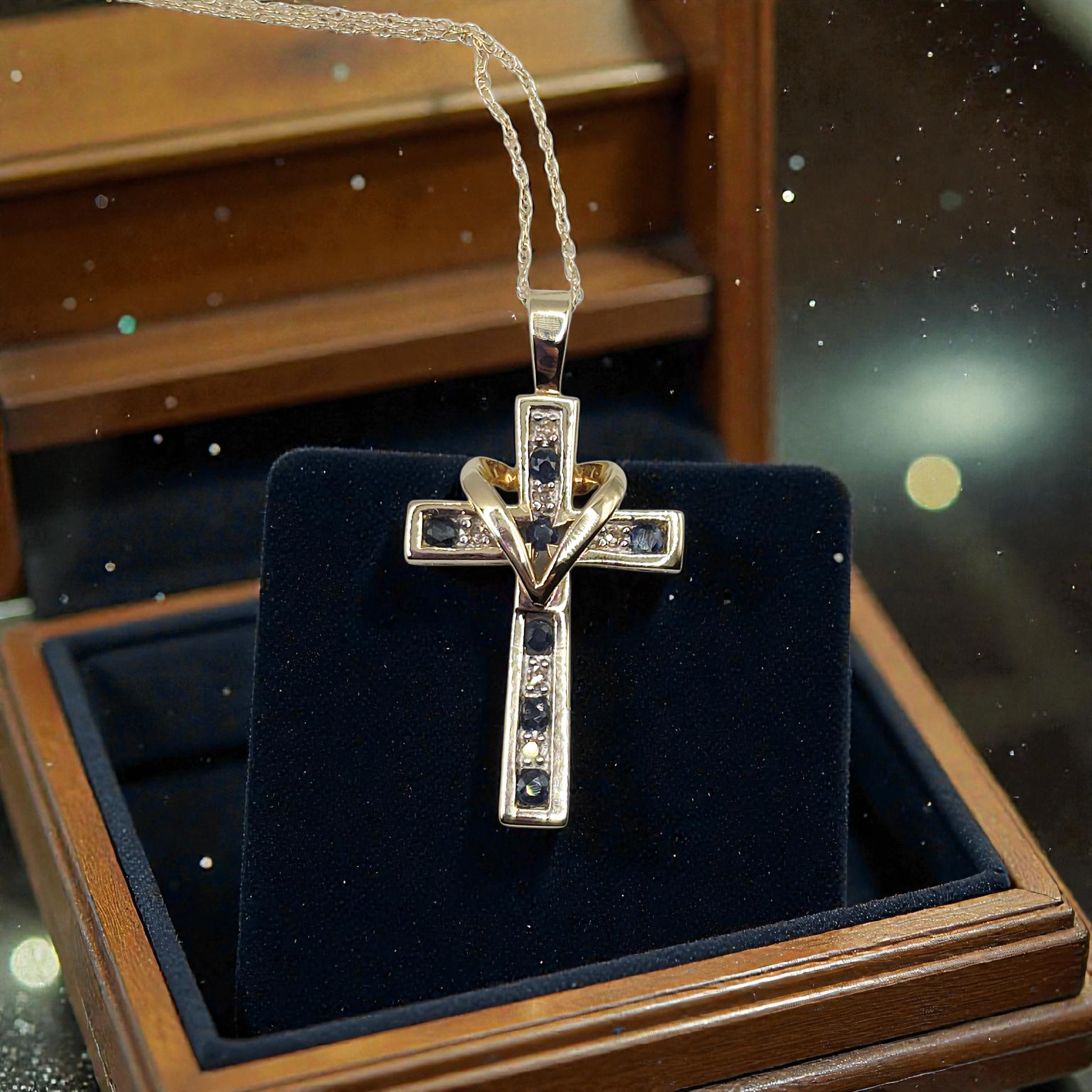 Solid 10K Gold Cross Pendant Necklace - Blue Sapphires & Diamonds - 18 Inch