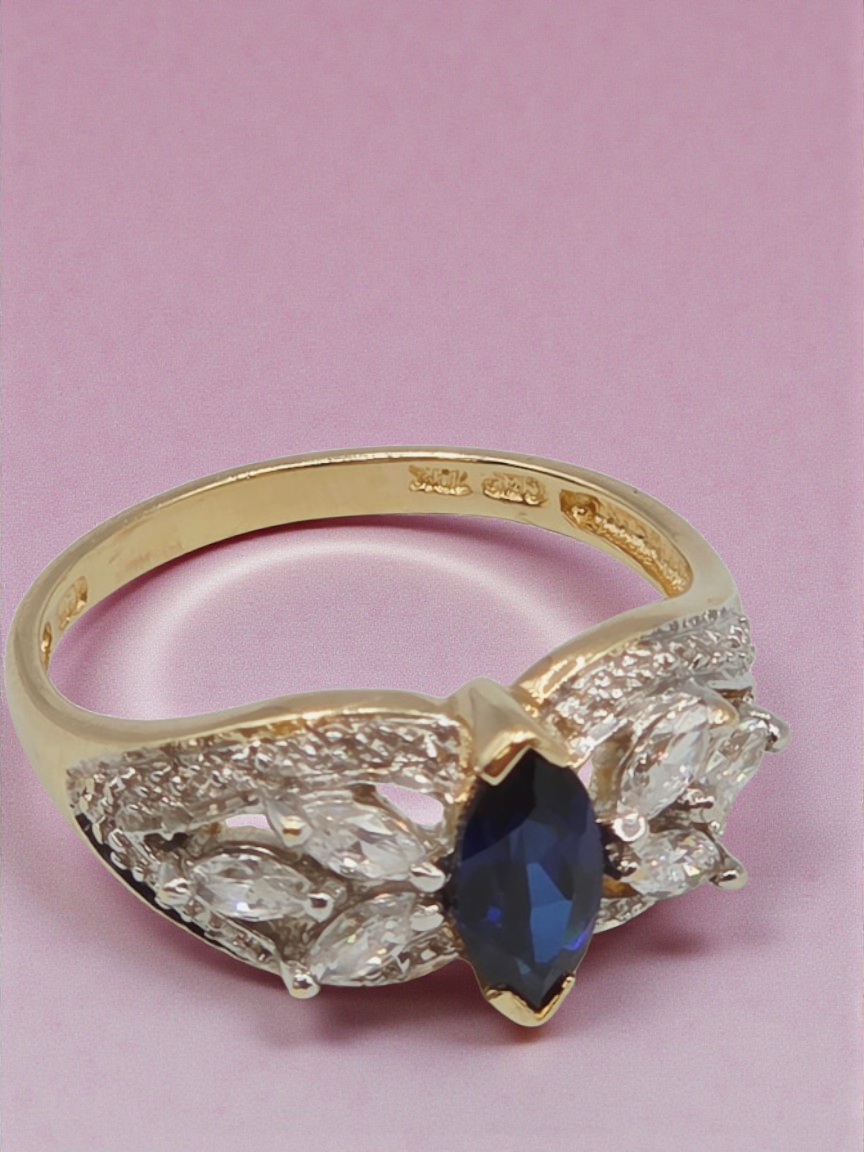Solid 10K Yellow Gold Ring with Blue Sapphire and CZ Accents – Size 7