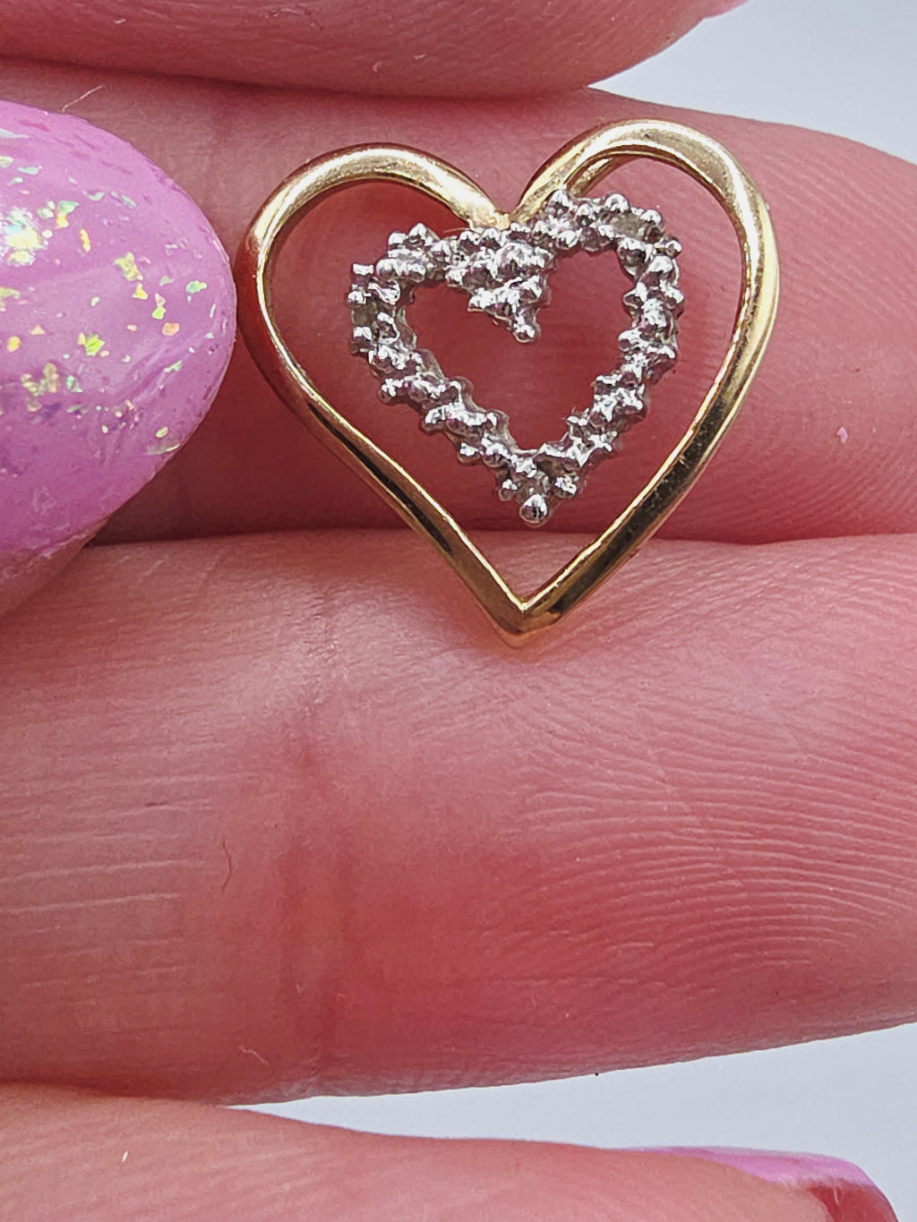 Solid 10K Two Tone Gold Double Heart Pendant 3 Diamond Accents Yellow White