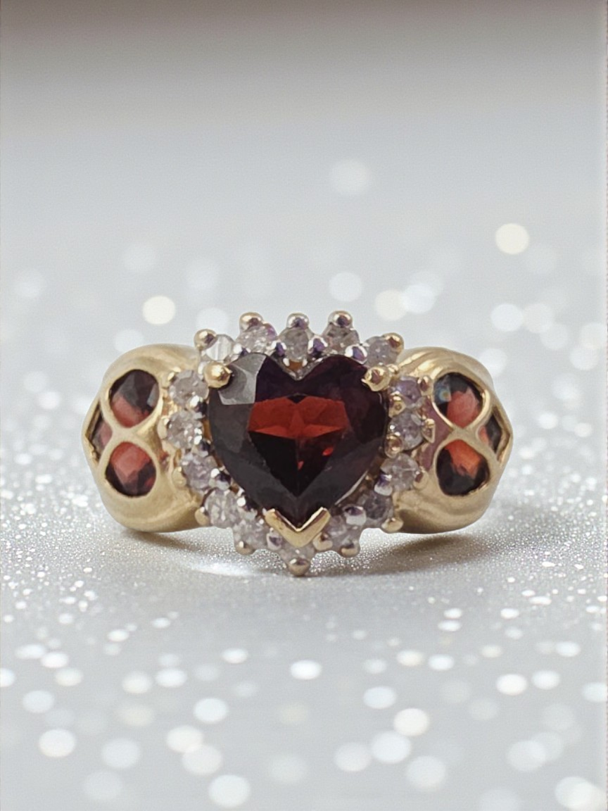 Solid 10K Yellow Gold Ring with Heart Cut Garnet & Diamond Accents - Size 6