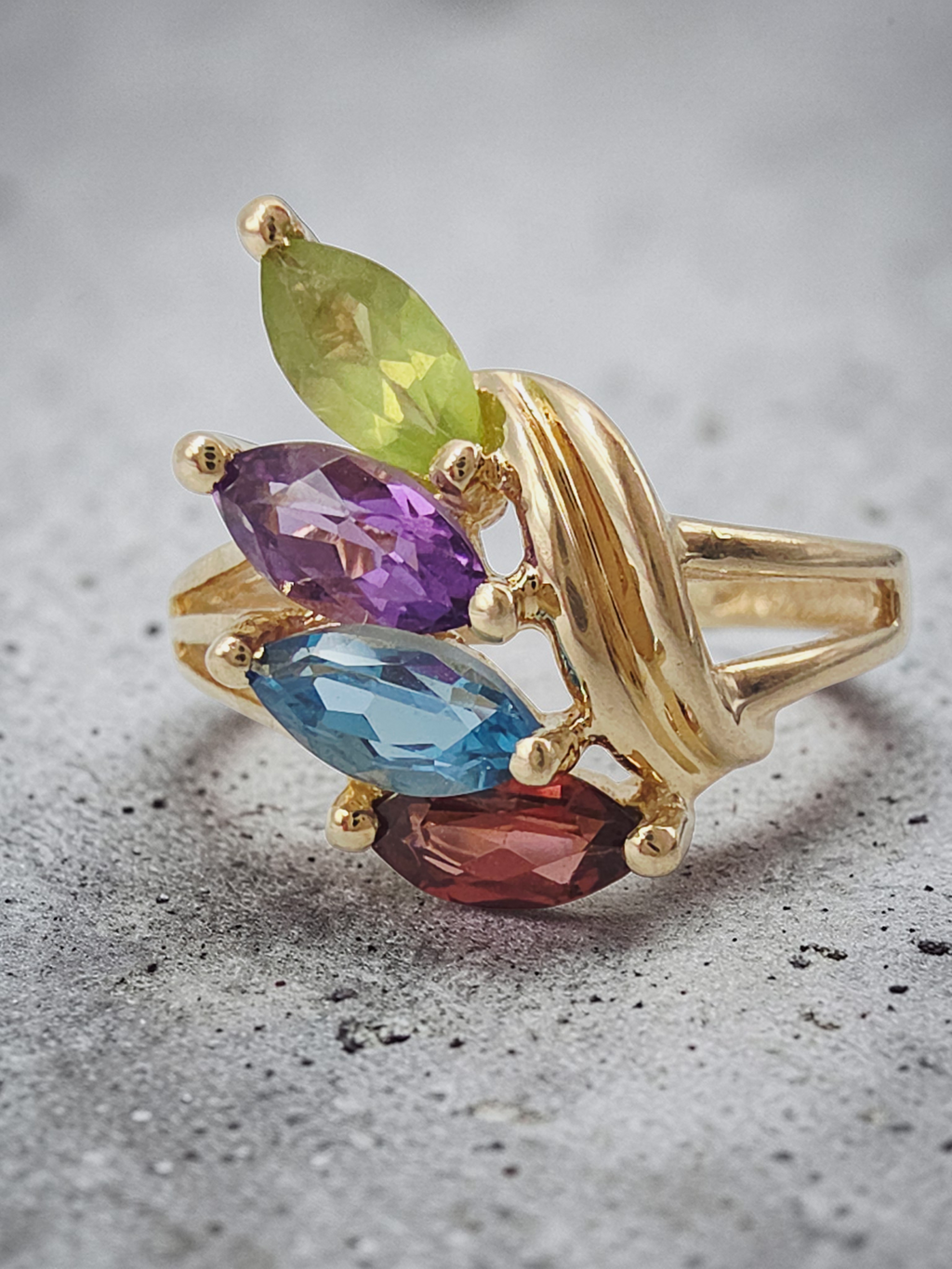 Solid 10K Yellow Gold Ring with Topaz Amethyst Peridot Garnet - Size 5