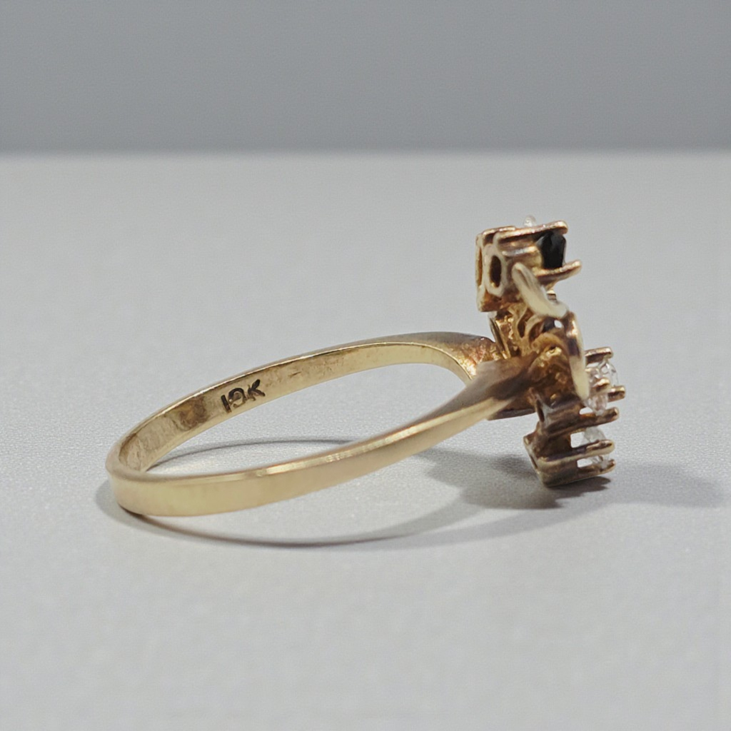 Solid 10K Yellow Gold Ring with Marquise Cut Black Onyx and Round Cut Clear Gemstones Size 7.25