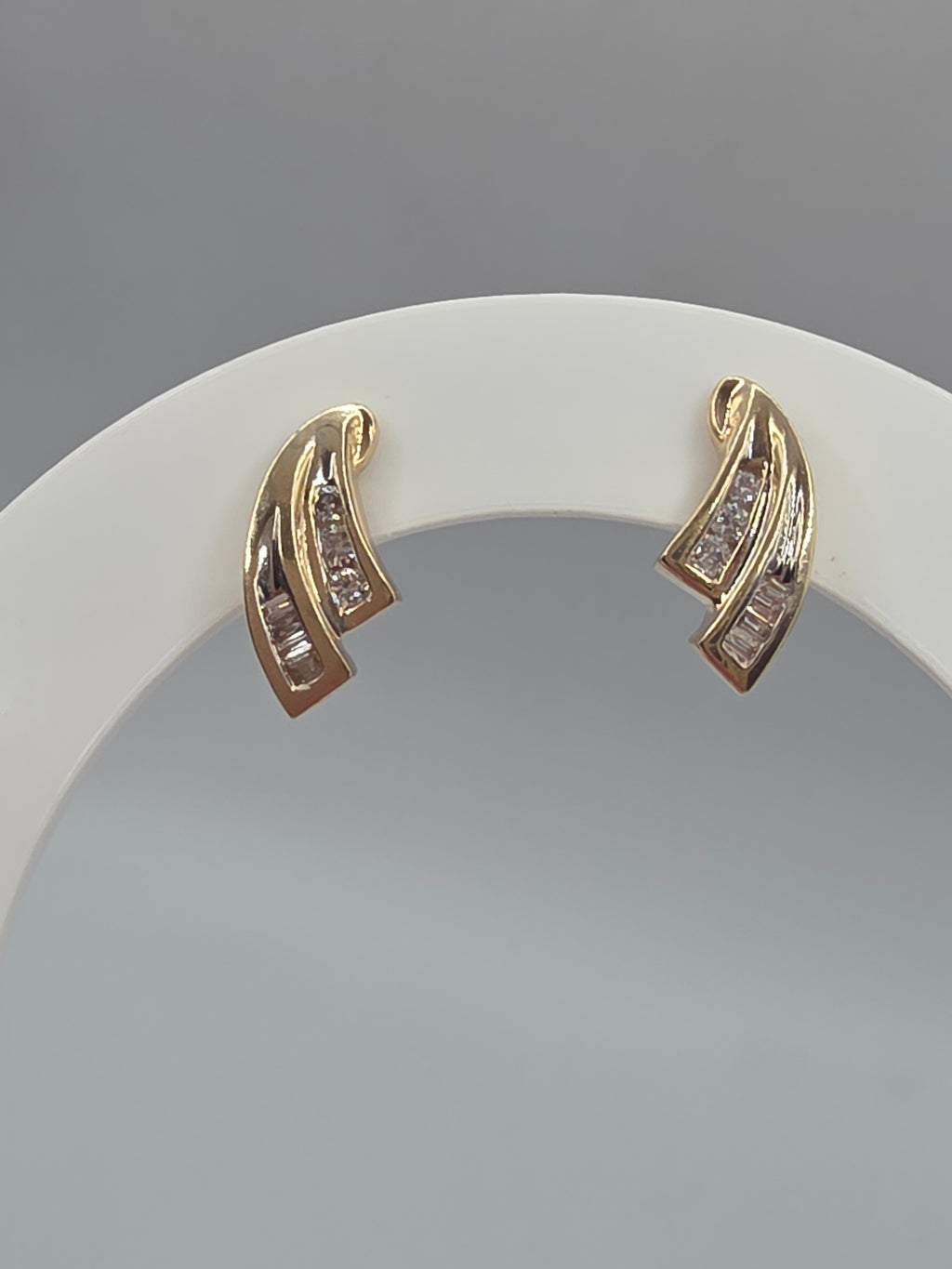 Solid 10K Yellow Gold Round & Baguette Diamond Swirl Stud Earrings