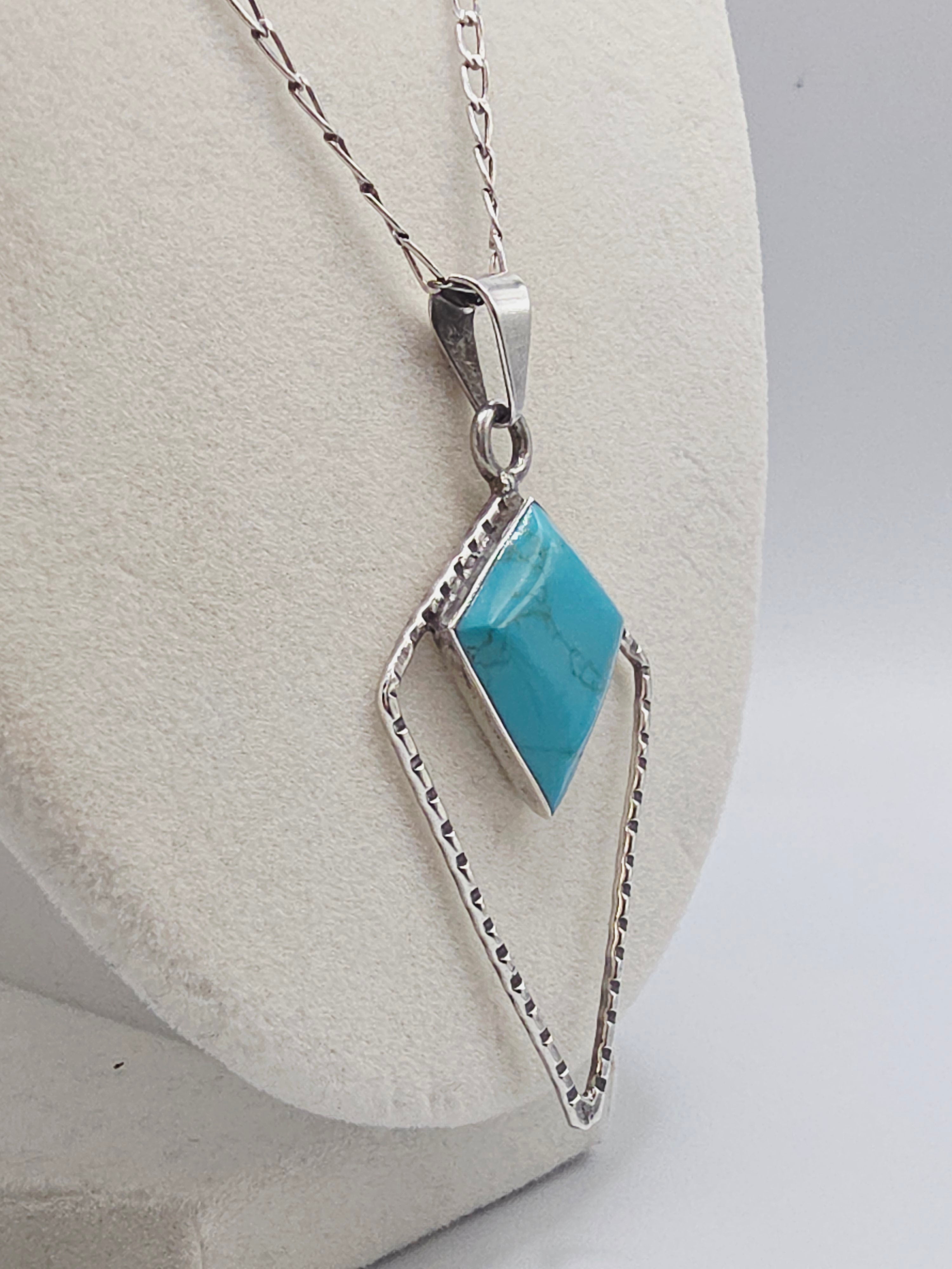 925 Sterling Silver Turquoise Geometric Pendant Necklace - Adjustable