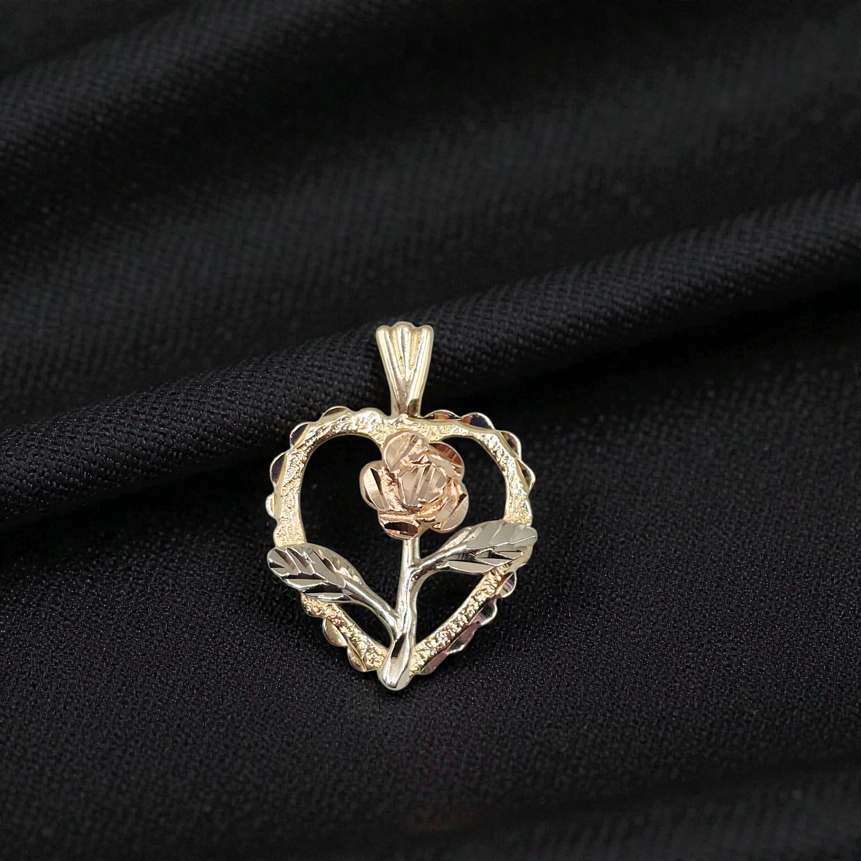 Black Hills Solid 14K Tri-Color Gold Rose in Heart Necklace Pendant