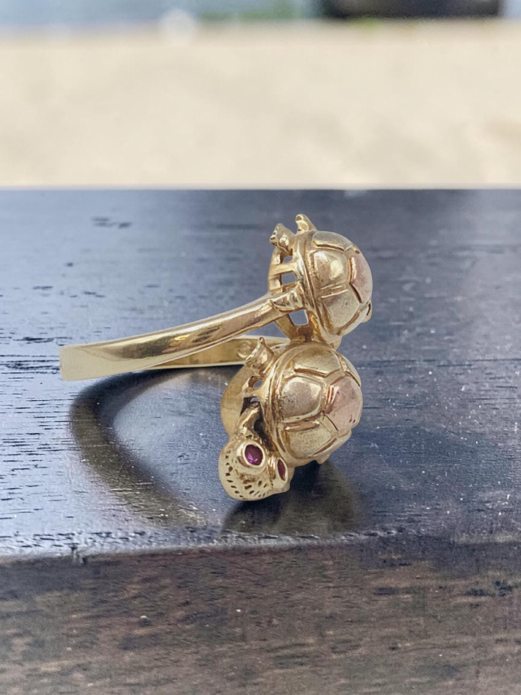 Solid 10K Tri Color Gold Turtle Ring with Articulating Heads and Ruby Eyes Sz 7