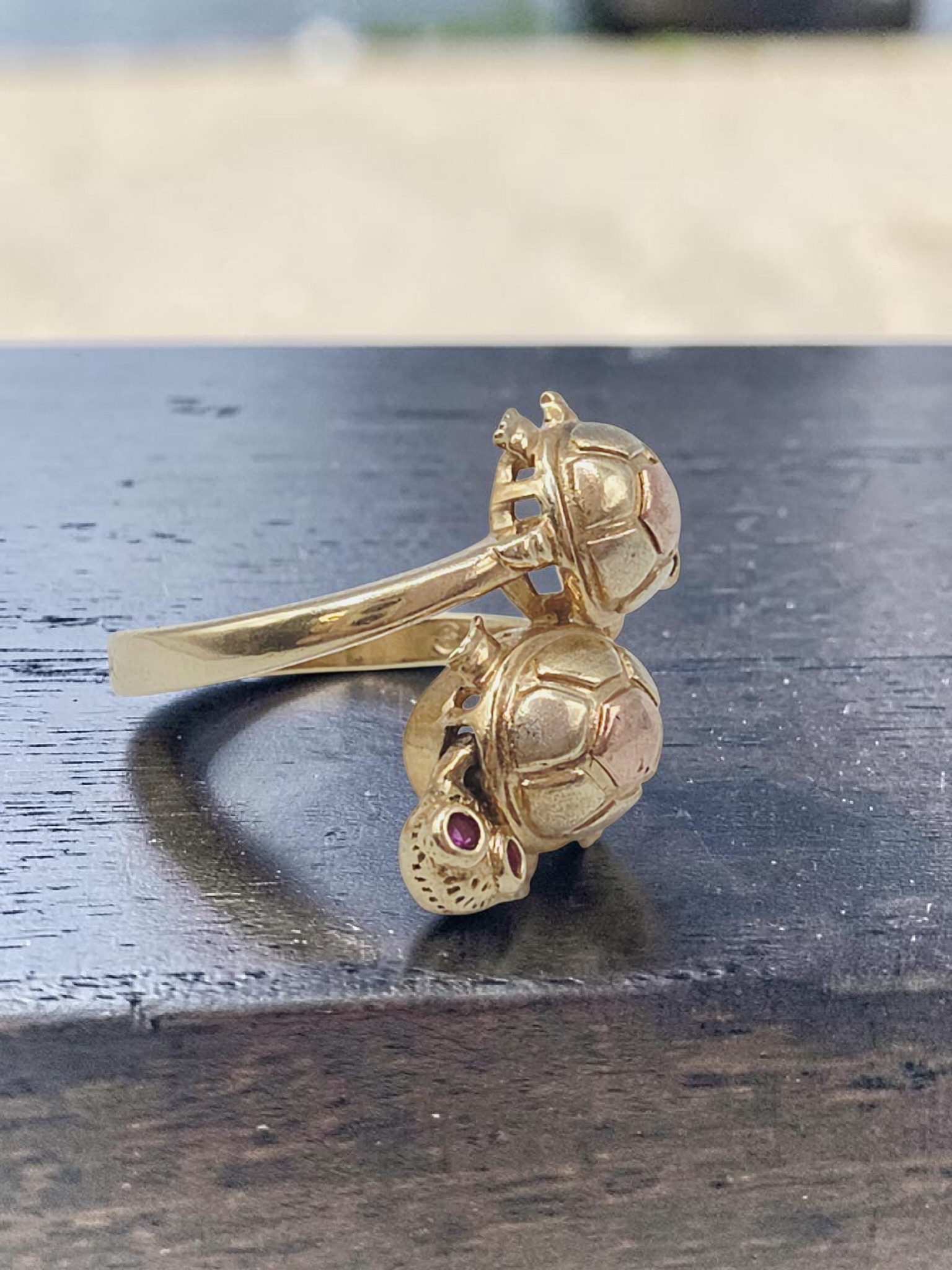 Solid 10K Tri Color Gold Turtle Ring with Articulating Heads and Ruby Eyes Sz 7