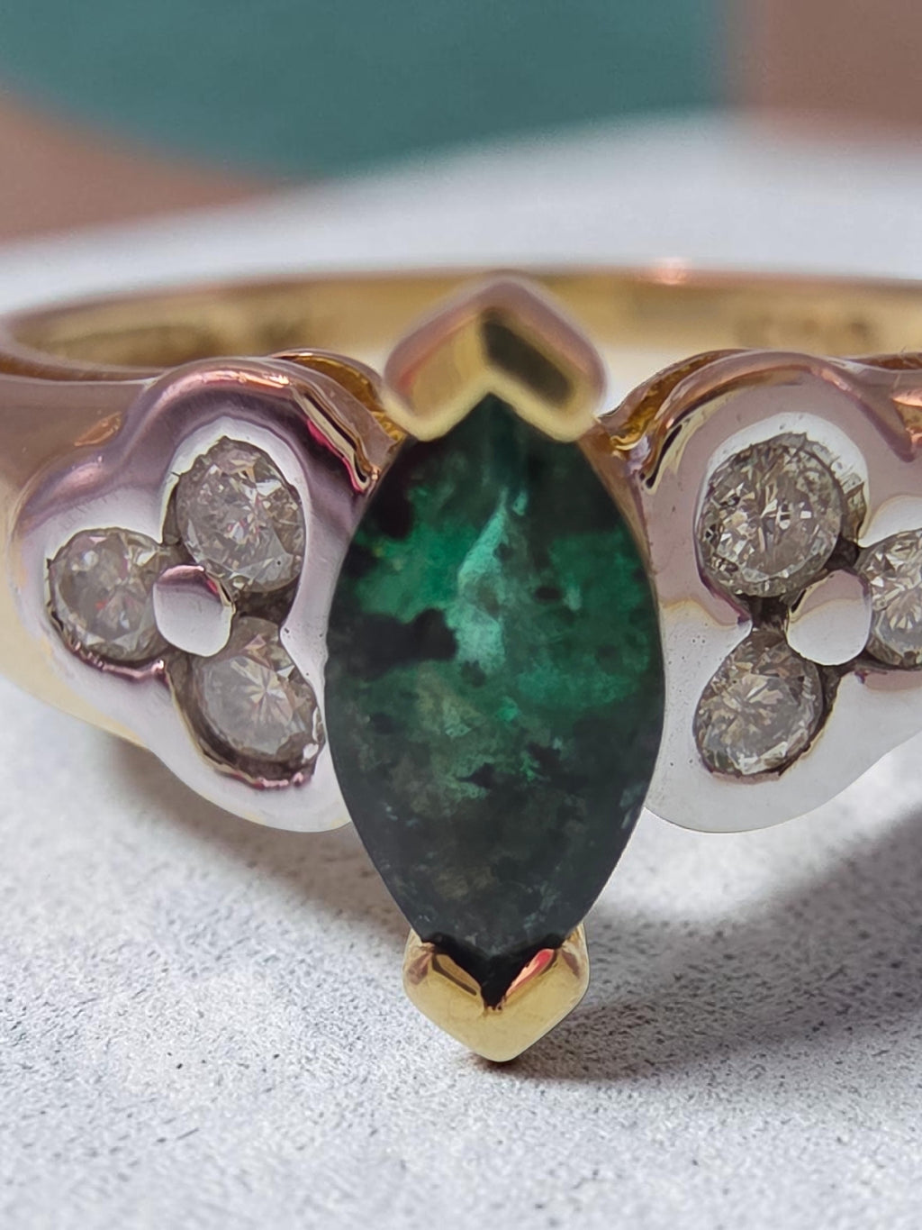 Vintage Black Hills Gold CCO Solid 14K Marquise Emerald Diamond Ring Size 6.75