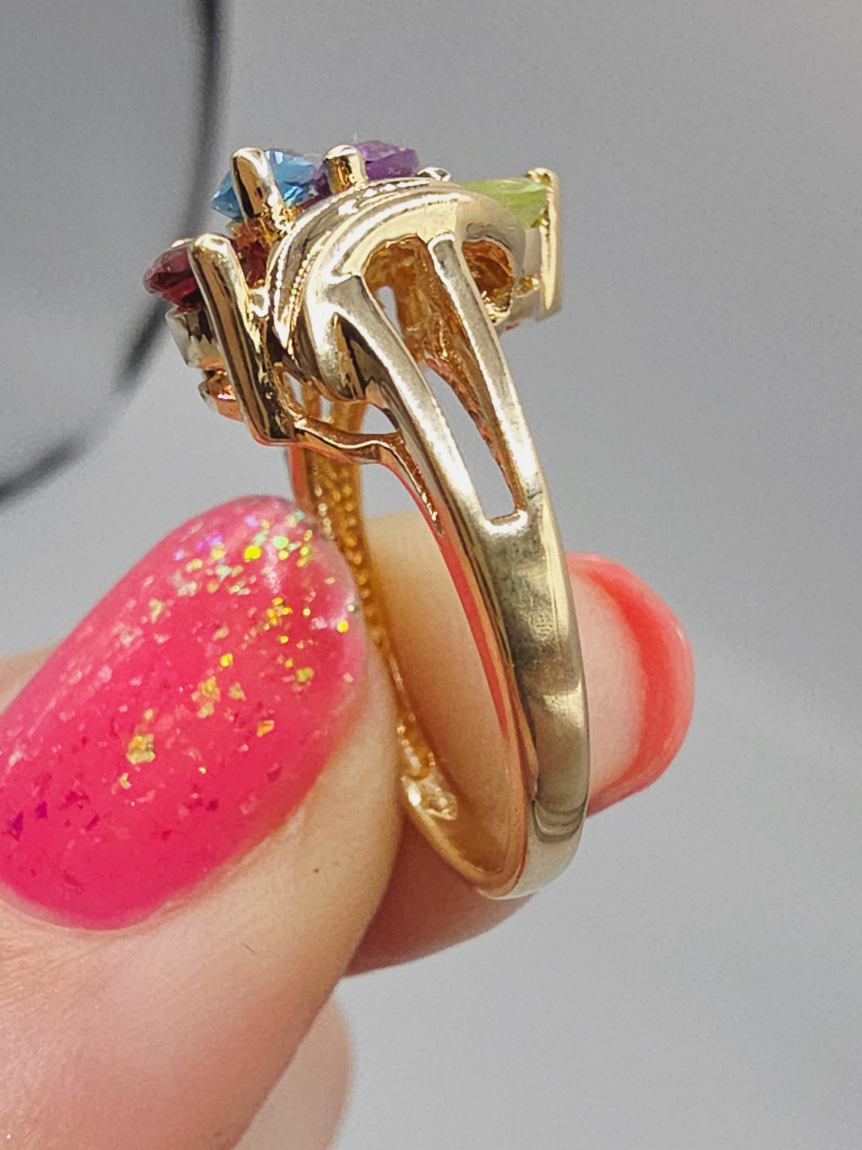 Solid 10K Yellow Gold Ring with Topaz Amethyst Peridot Garnet - Size 5