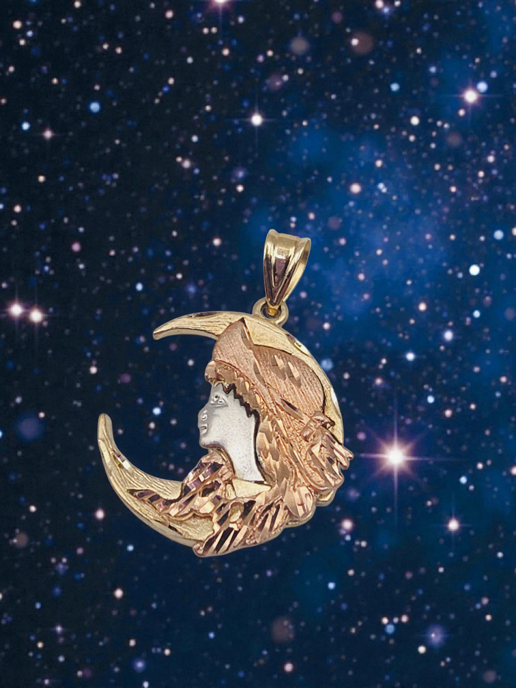 Michael Anthony Solid 14K Tri-Color Gold Moon Goddess Necklace Pendant