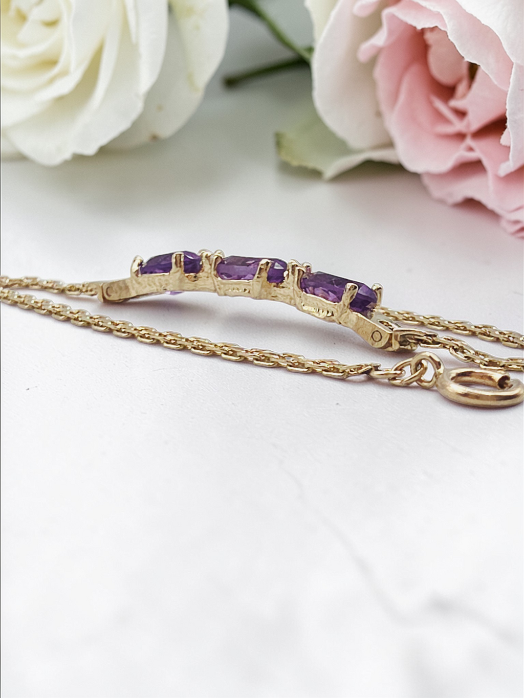 Vintage ATL Solid 14K Yellow Gold Bracelet with Amethyst & White Topaz 7.5 Inch