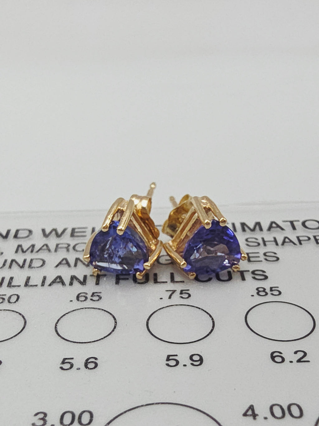 Solid 14K Yellow Gold Trillion Cut Iolite Stud Earrings - Eagle Prongs