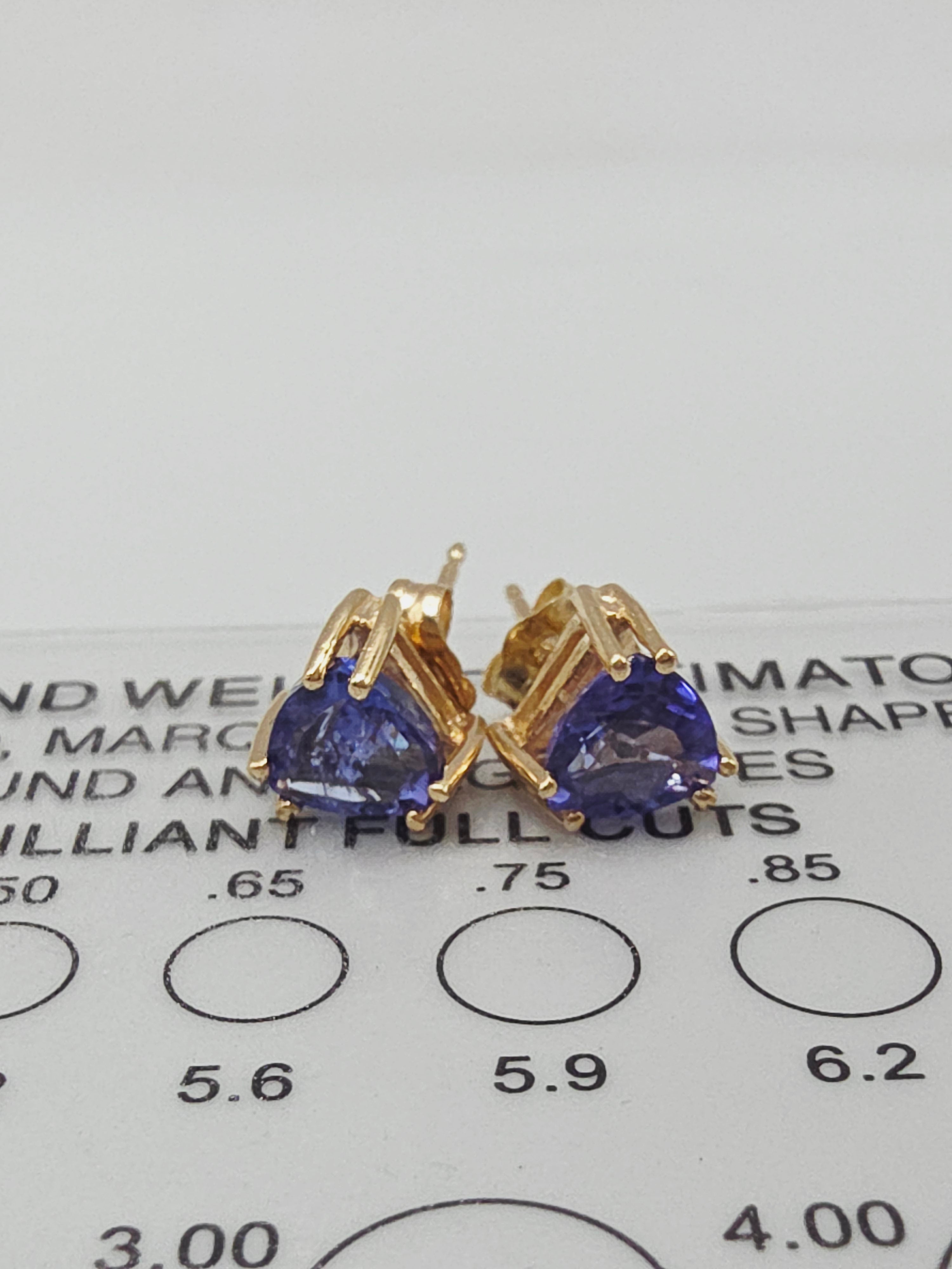 Solid 14K Yellow Gold Trillion Cut Iolite Stud Earrings - Eagle Prongs