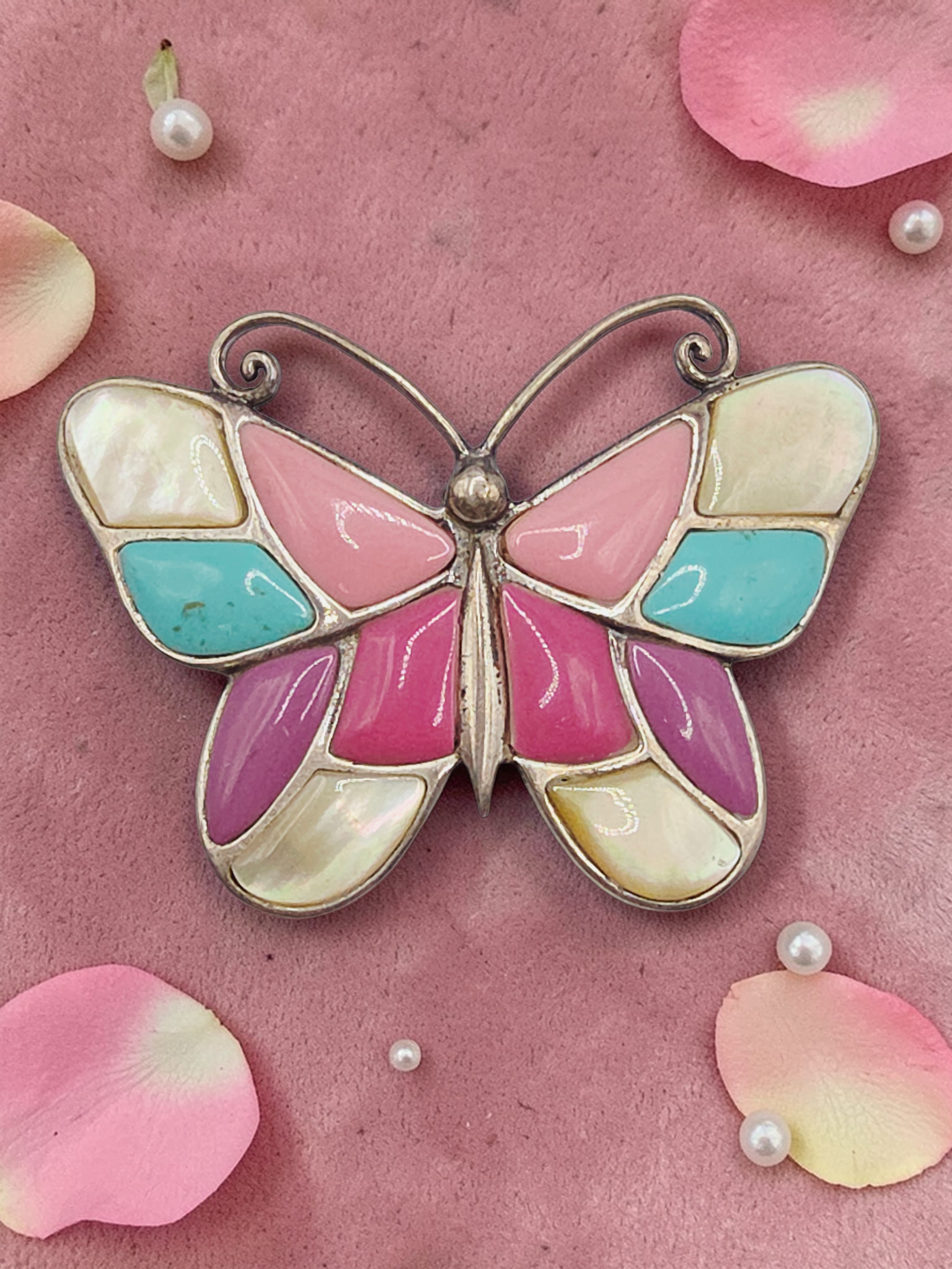 925 Sterling Silver Butterfly Pendant with Turquoise, Enamel & Mother of Pearl