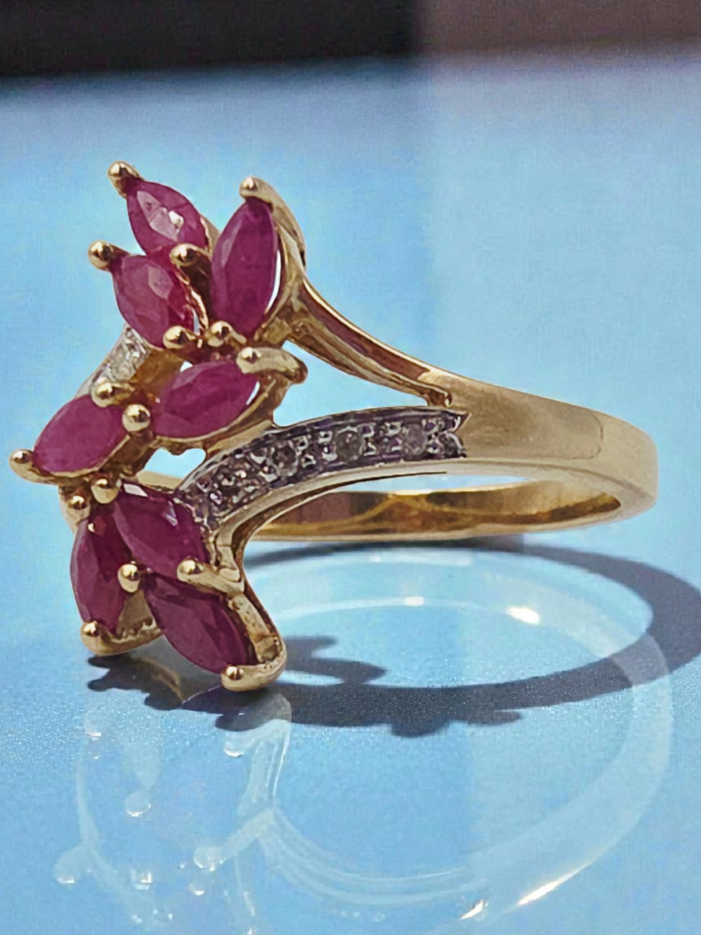 Solid 10K Gold Ring with Marquise-Cut Ruby Cluster & Diamond Accents - Size 6.75