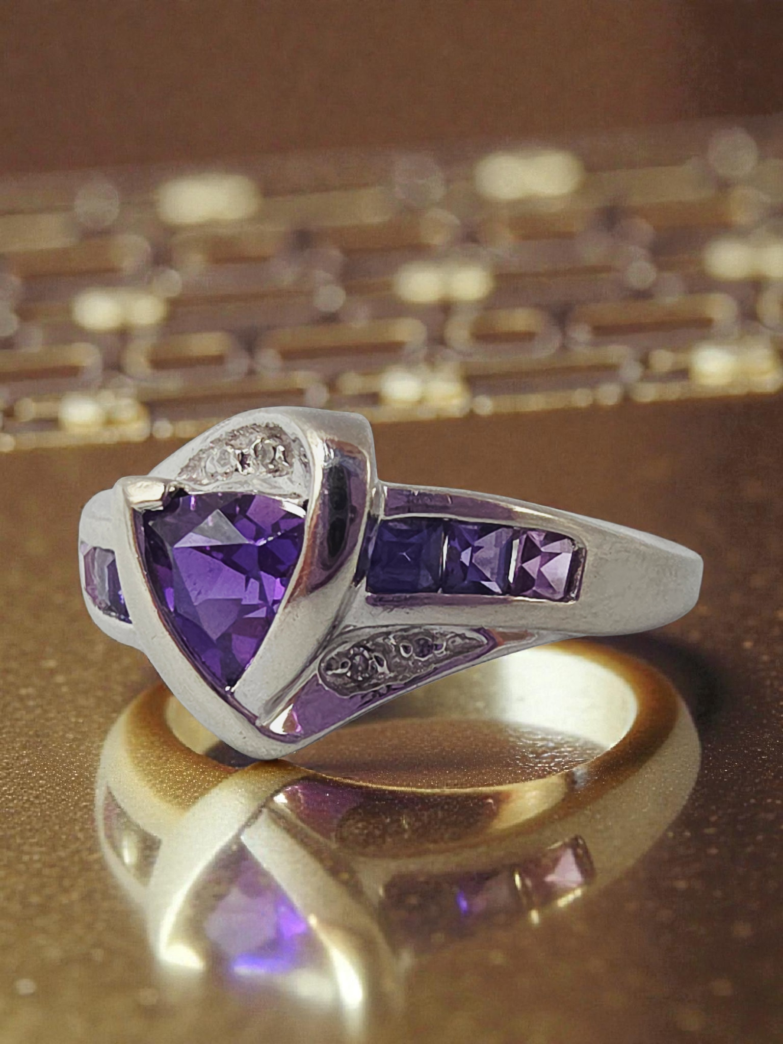 Solid 10K White Gold Ring with Purple & Pink Topaz and Diamonds – Size 6.75