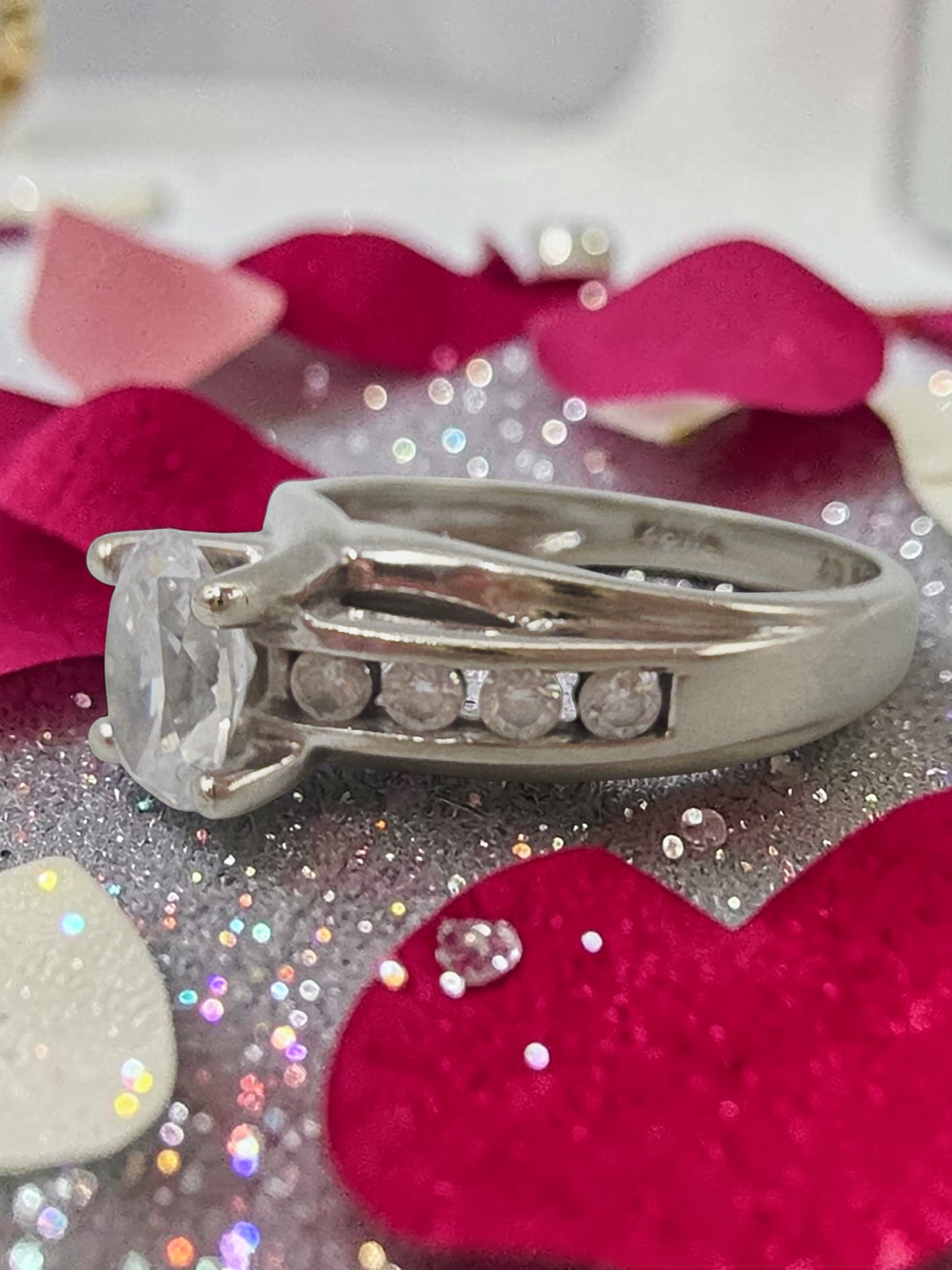 Solid 14K White Gold Oval-Cut CZ Ring with Channel Set Accents – Size 6