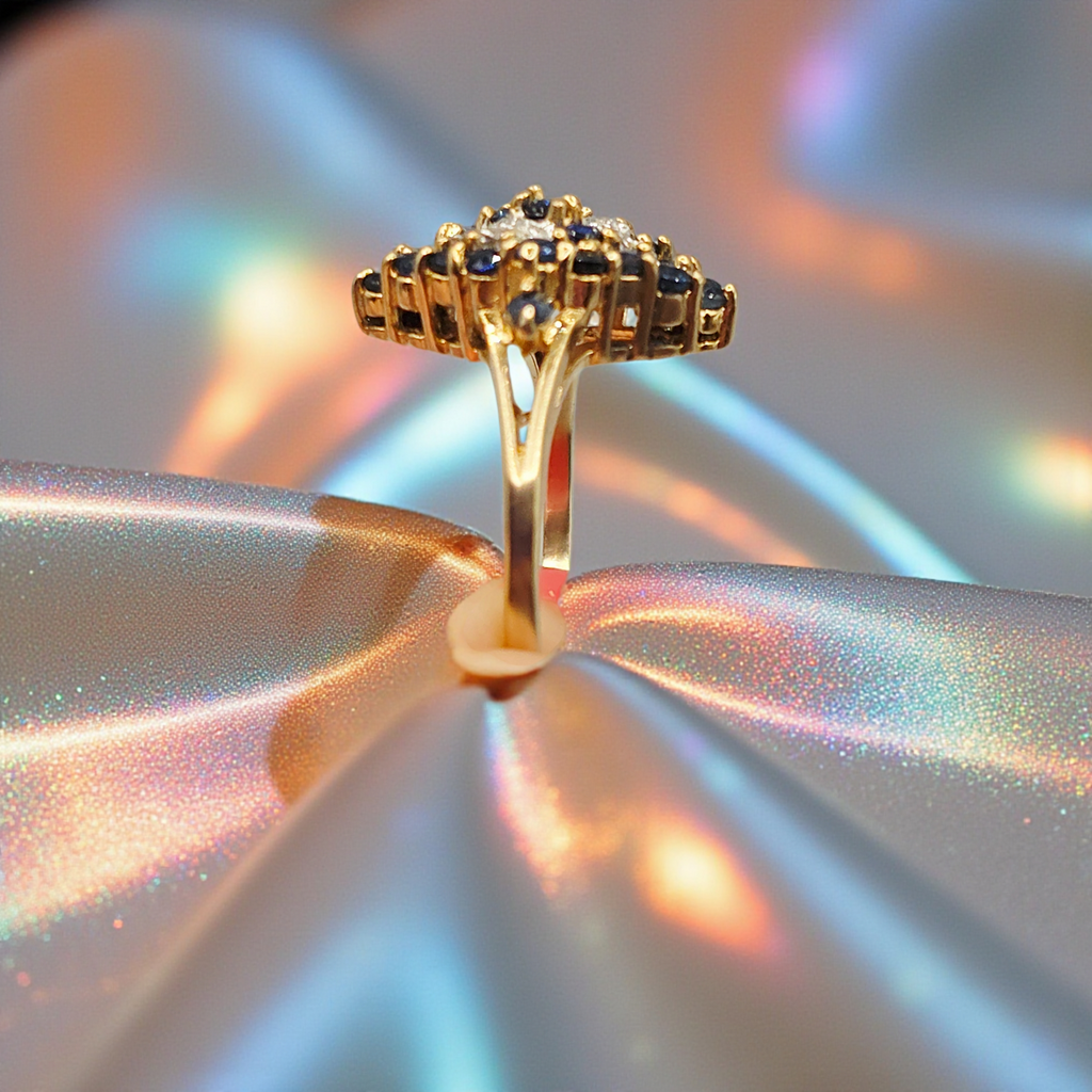 Solid 14K Gold Ring with Sapphires and Diamond Accents – Size 6.75
