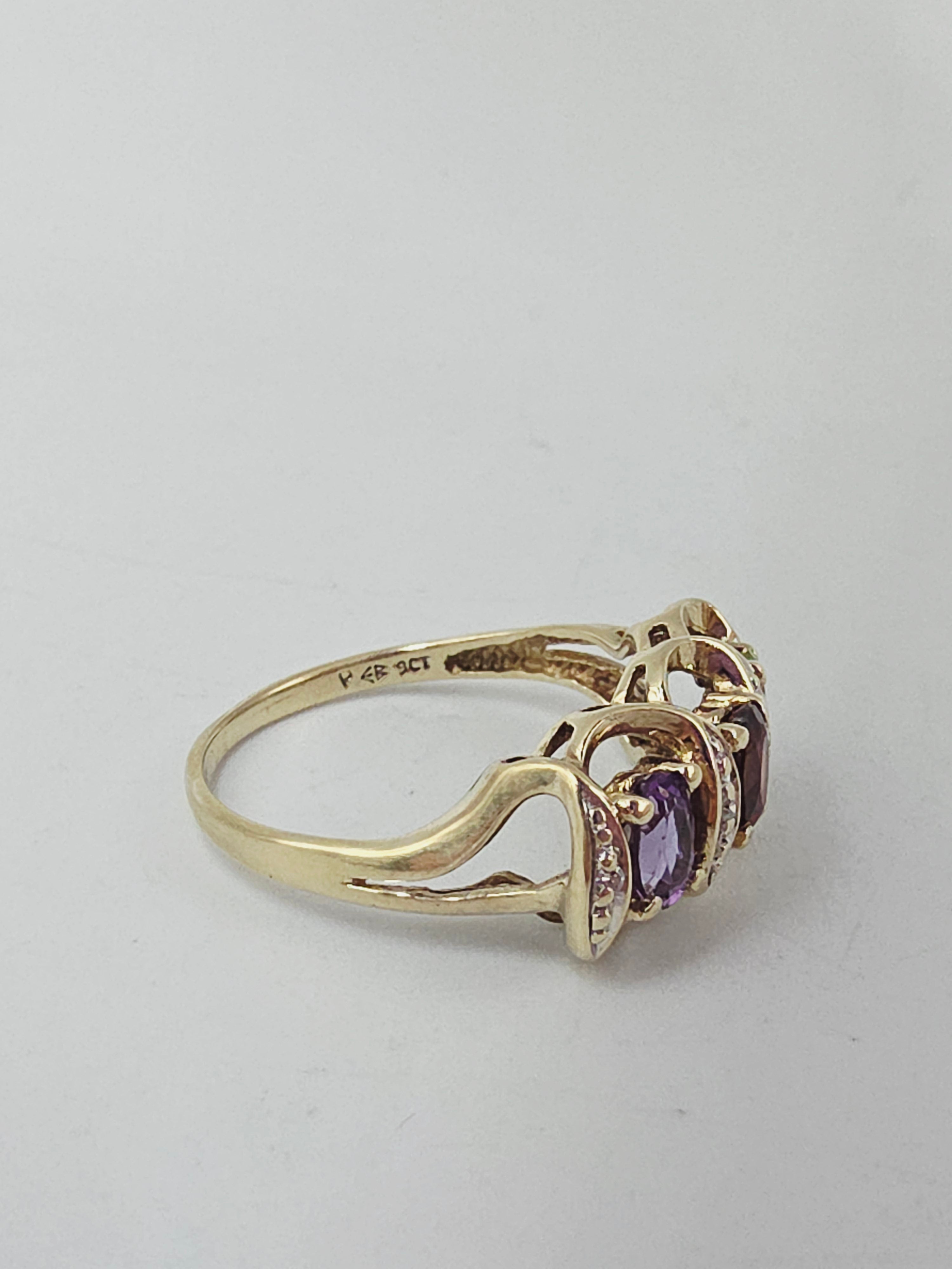 Solid 9K Gold Ring with Peridot, Garnet, Amethyst and Diamonds - Size 7.5
