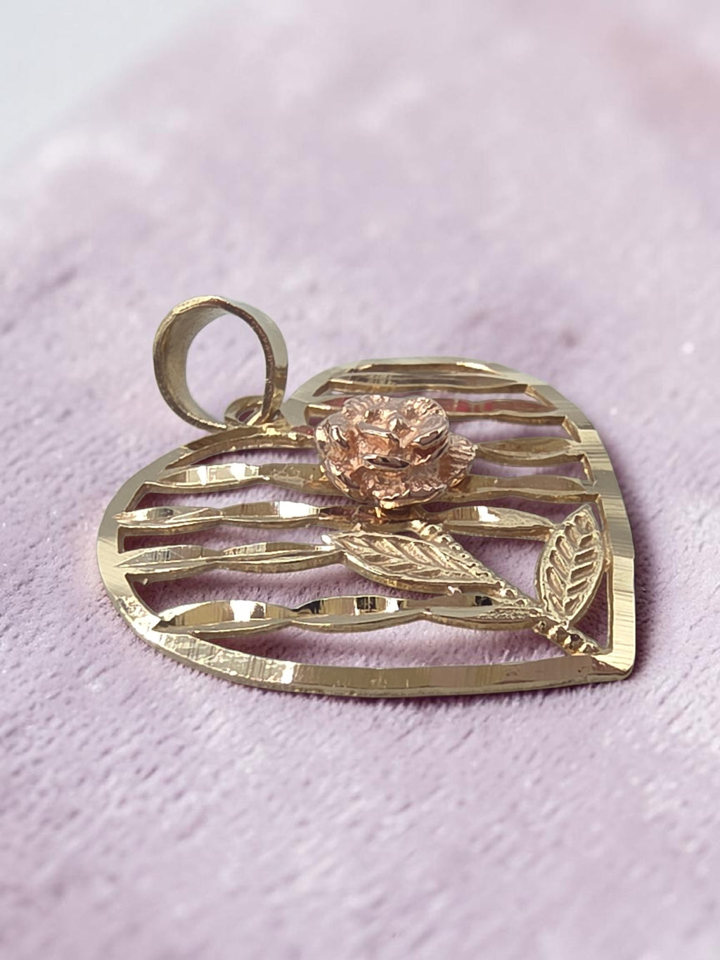 Solid 10K Two Tone Gold Open Heart Pendant Rose Gold Flower Diamond Cut